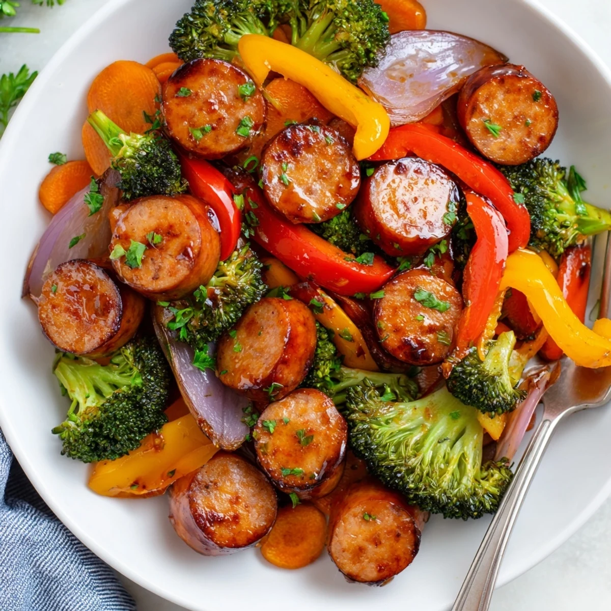 Smoky sliced kielbasa coated in sticky honey garlic glaze alongside tender broccoli and bell peppers