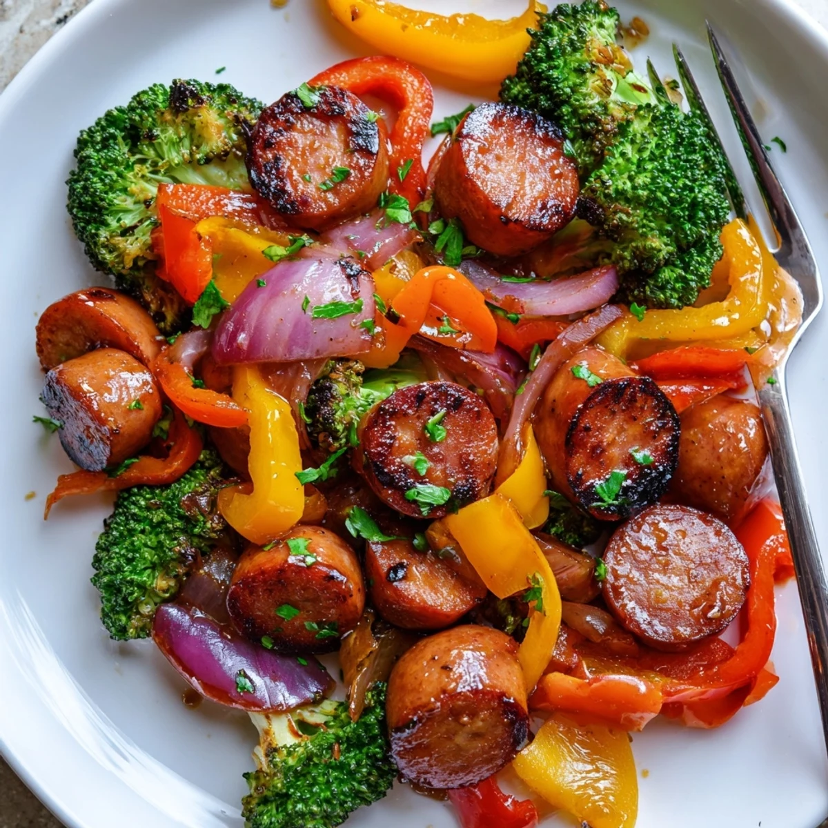 Caramelized sausage and vibrant veggies drizzled with sweet honey garlic sauce ready to serve