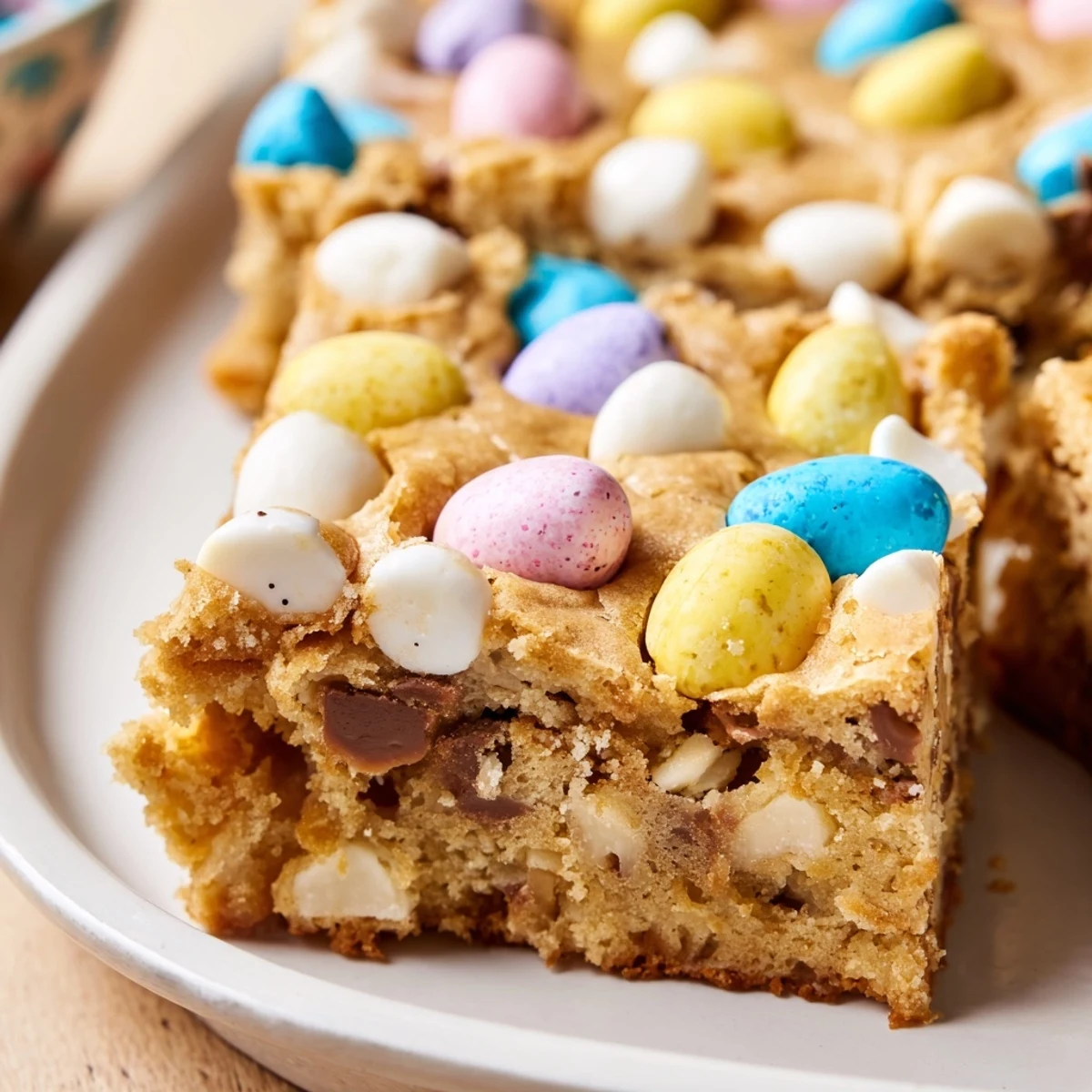Chewy golden Mini Cadbury Easter Egg Blondies topped with colorful candy-coated chocolate eggs on rustic parchment