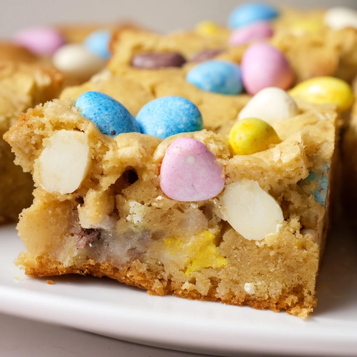 Warm Mini Cadbury Easter Egg Blondies cut into squares showing gooey chocolate chips and pastel candy pieces