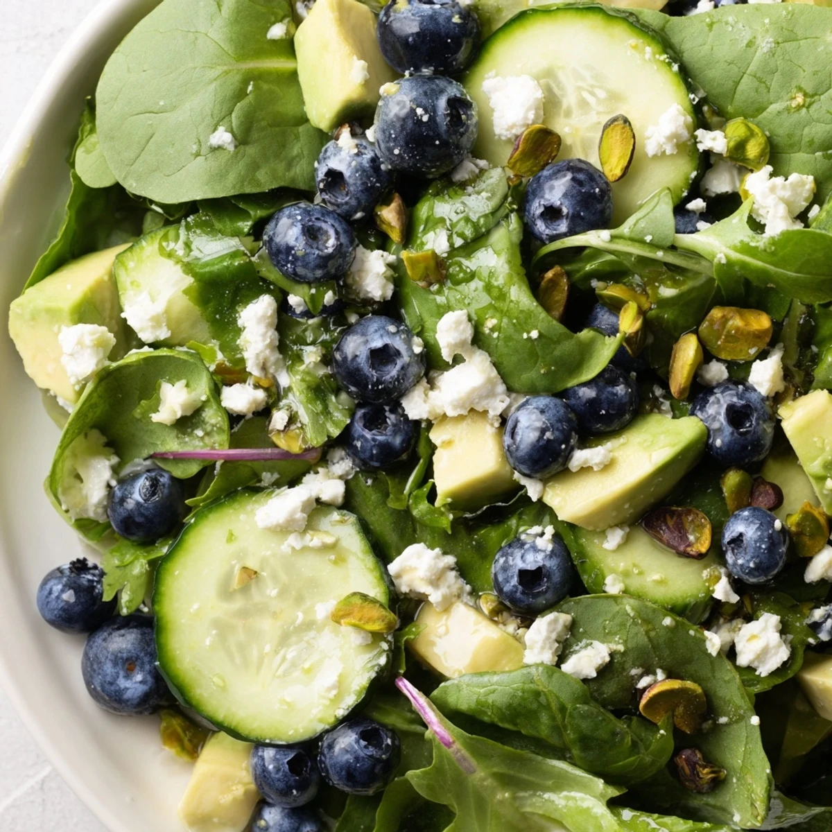 Fresh blueberry pistachio spring salad in a white bowl with creamy feta cheese
