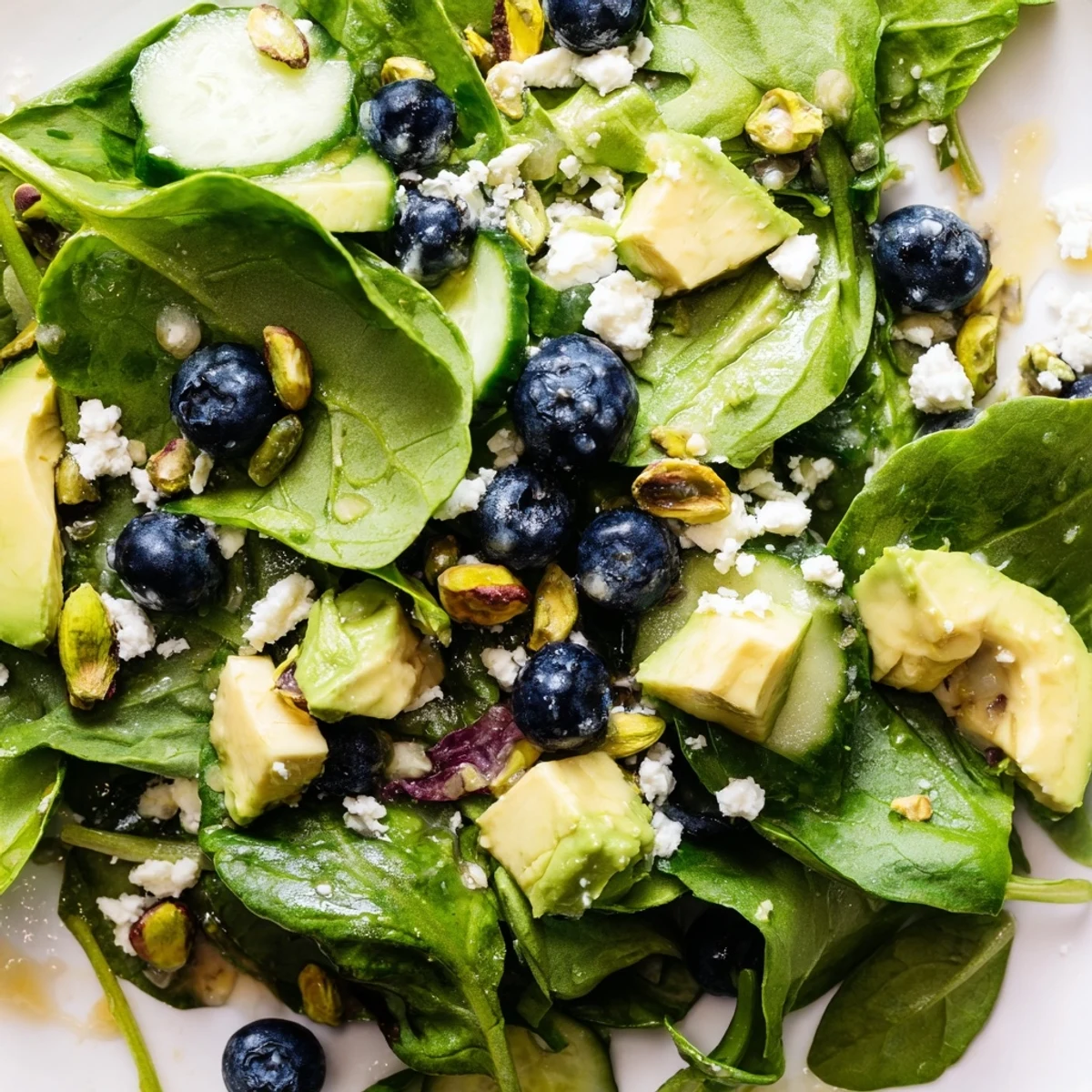Blueberry pistachio spring salad topped with crisp cucumber slices and avocado