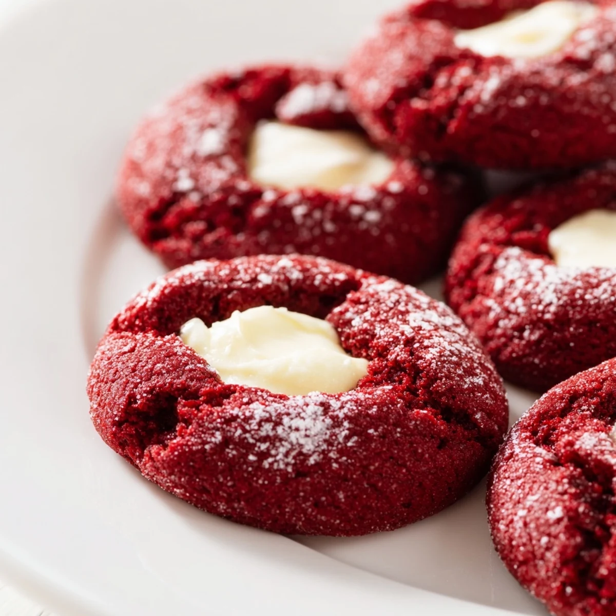 Red velvet thumbprint cookies with creamy cheesecake filling on a rustic white baking sheet