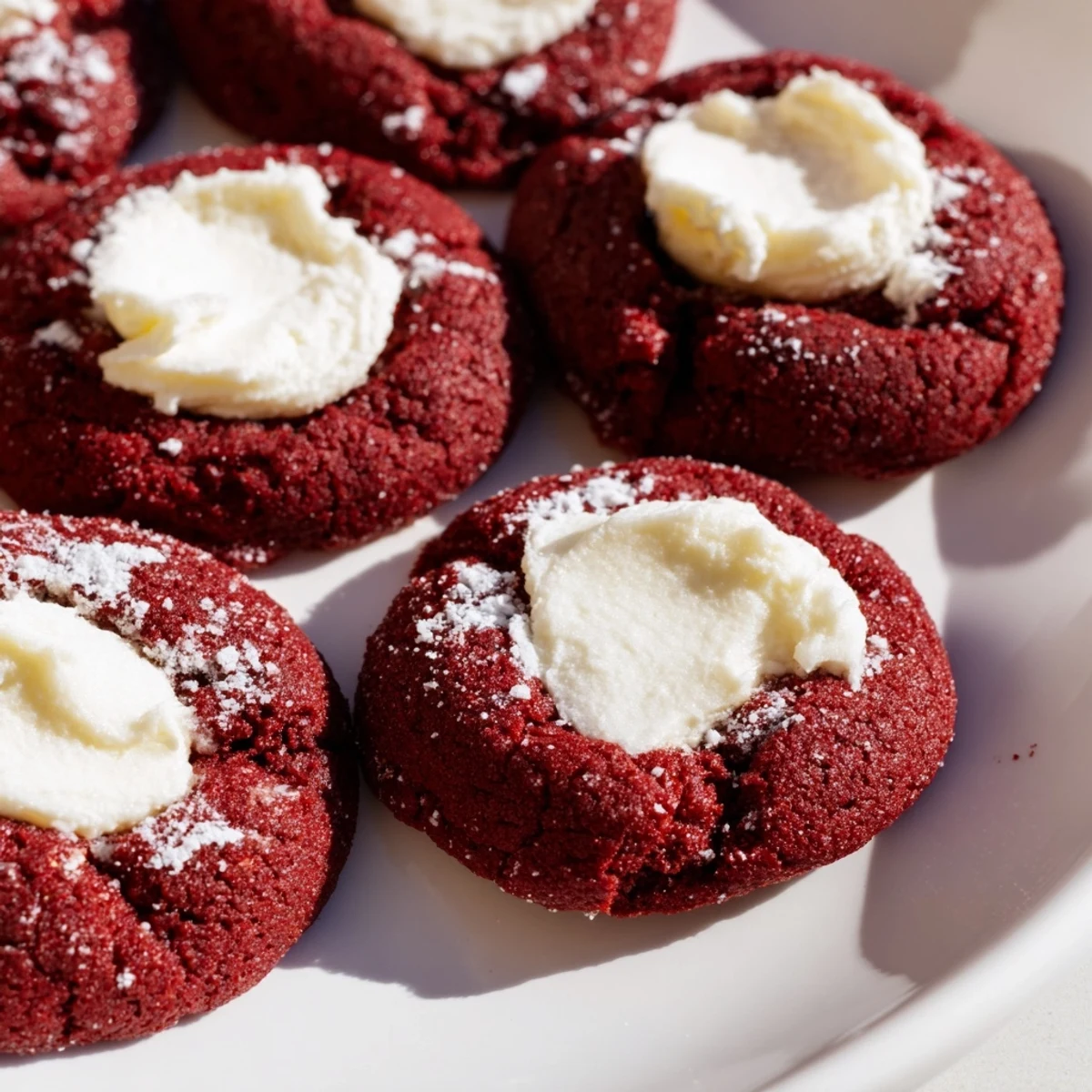 Festive red velvet thumbprint cookies arranged on a platter showcasing their soft texture and indulgent filling