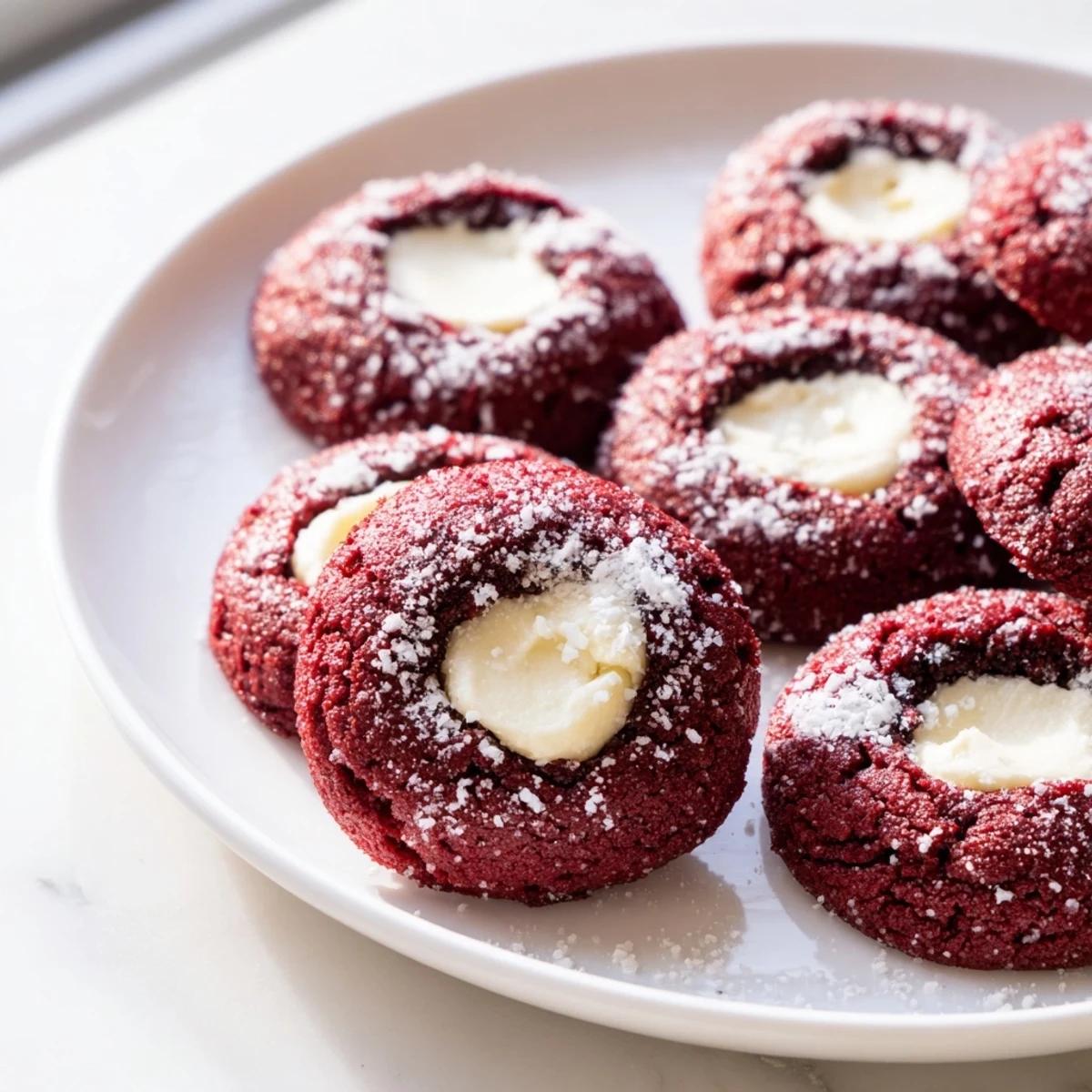 Bright red velvet thumbprint cookies topped with smooth cream cheese centers and tender cocoa edges