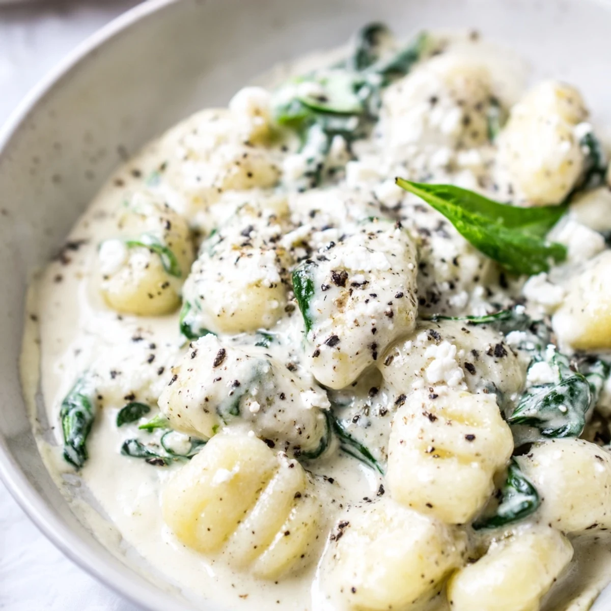 Creamy gnocchi with spinach and feta topped with crumbled cheese in white sauce