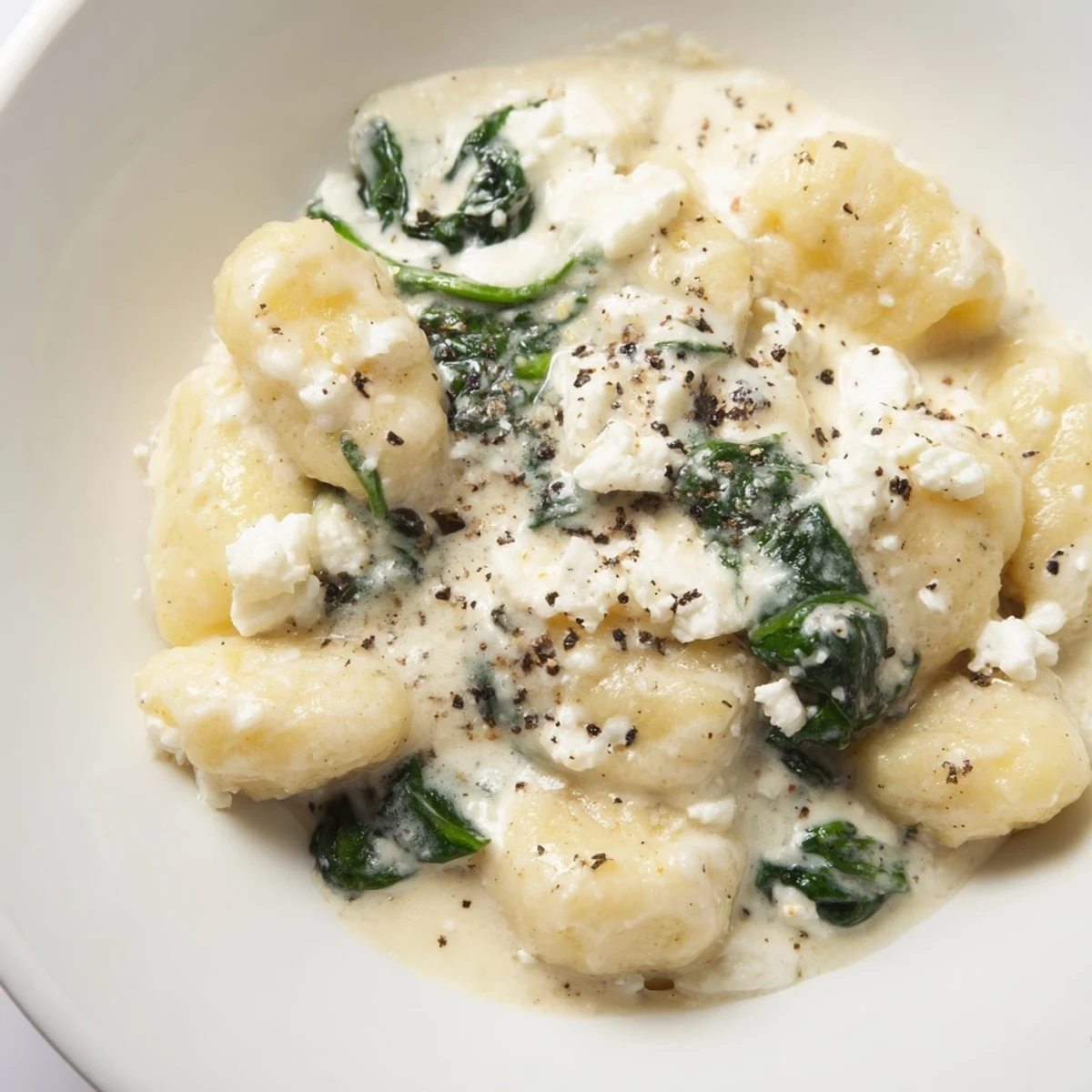 Soft pillow gnocchi with spinach and feta glistening in rich cream sauce