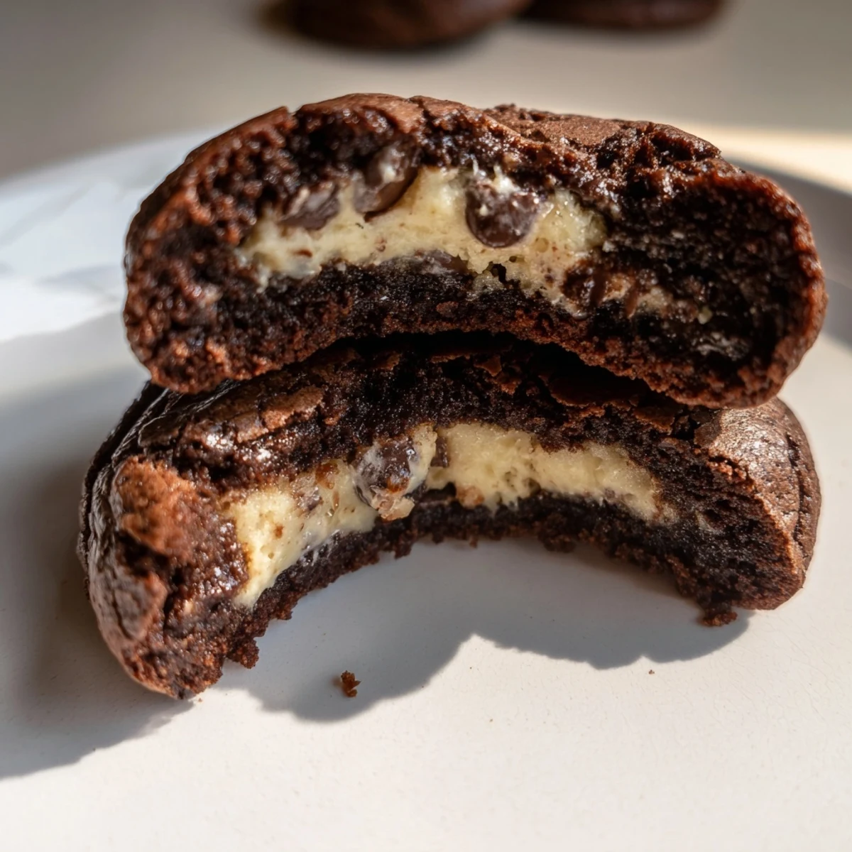 Fudgy brownie cookies stuffed with cookie dough displayed on rustic wooden board with glass of milk
