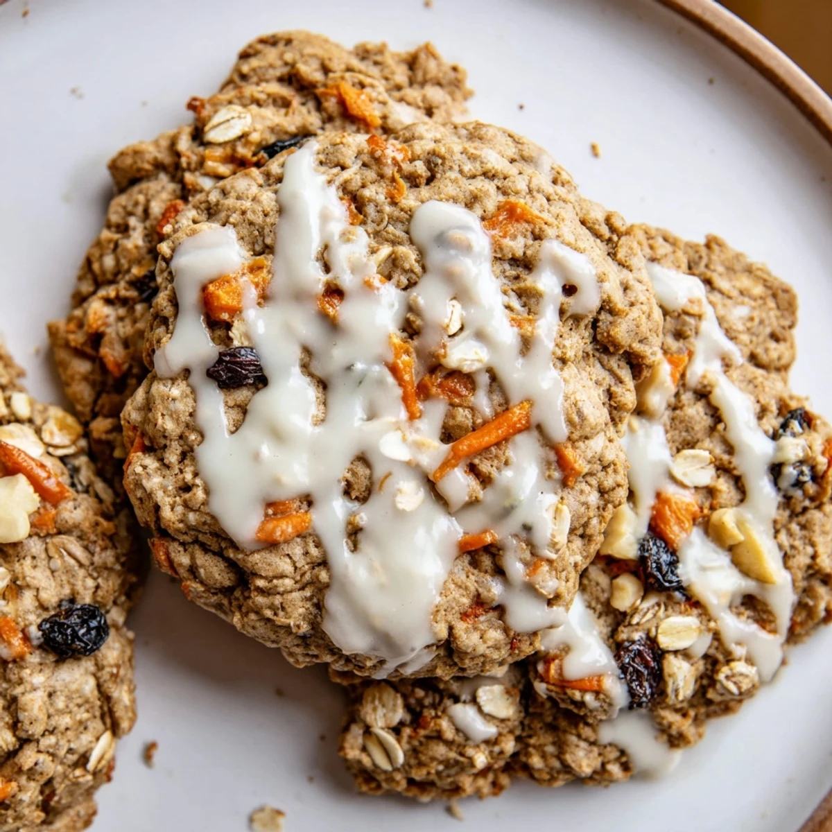 Golden brown butter carrot cake cookies with visible carrot shreds and chopped walnuts on rustic parchment paper