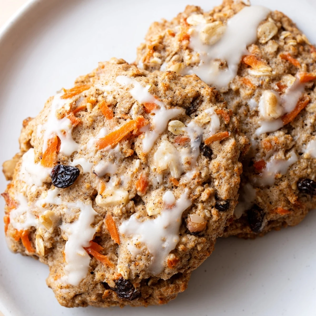 Chewy brown butter carrot cake cookies with crackly tops drizzled with sweet cream cheese glaze