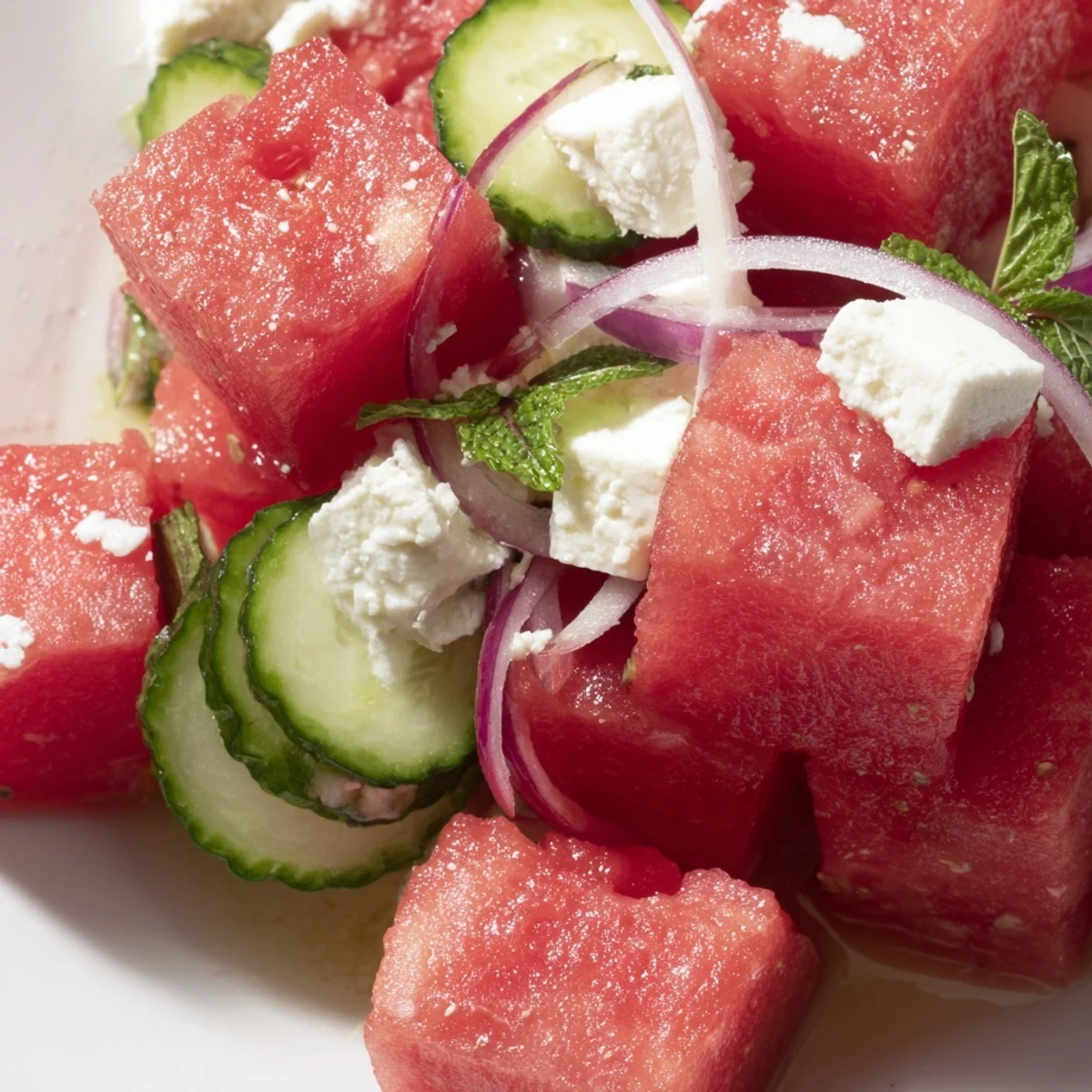 Refreshing watermelon feta salad with juicy melon cubes, creamy cheese, and bright green mint leaves