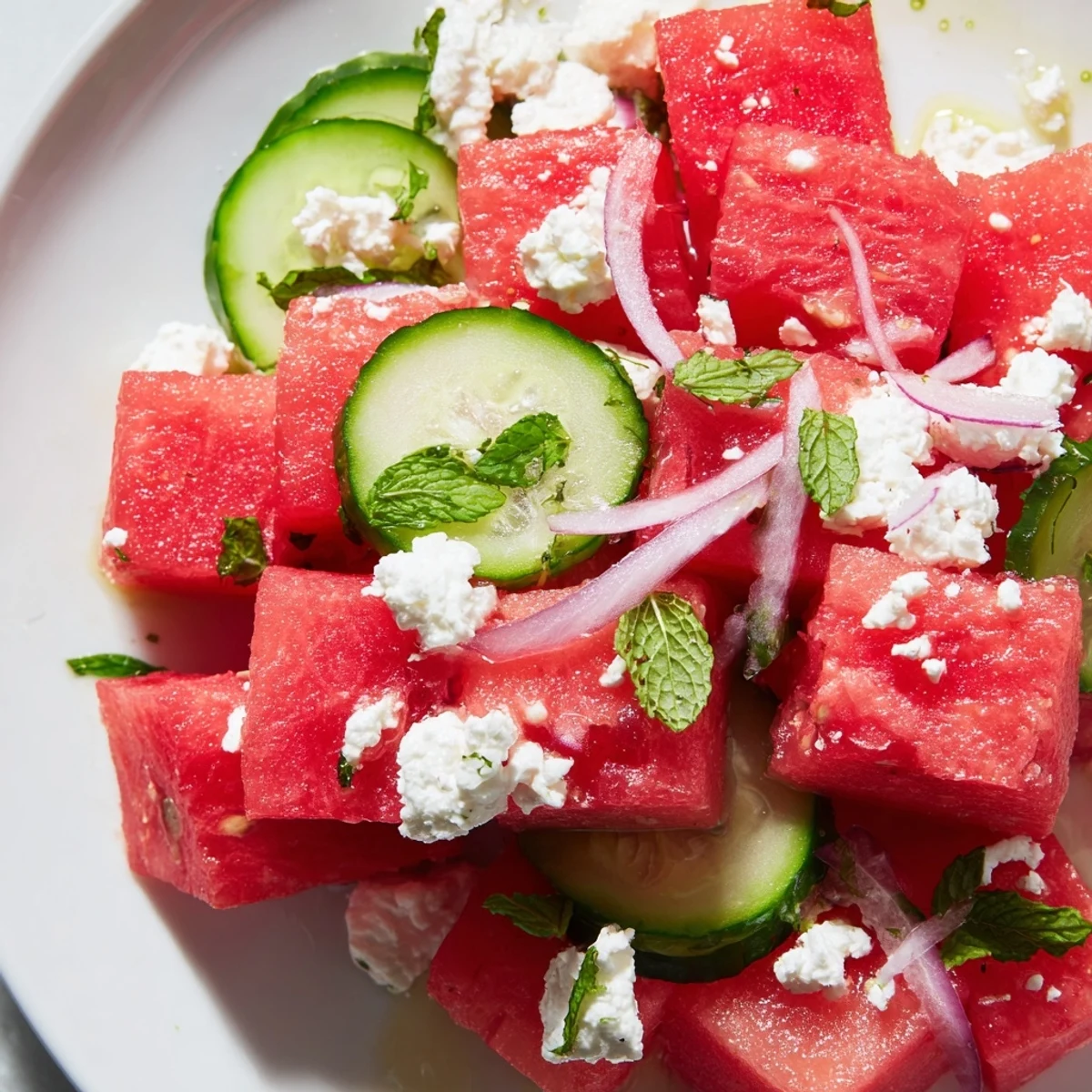 Crisp watermelon feta salad drizzled with lime dressing and sprinkled with herbs on white plate