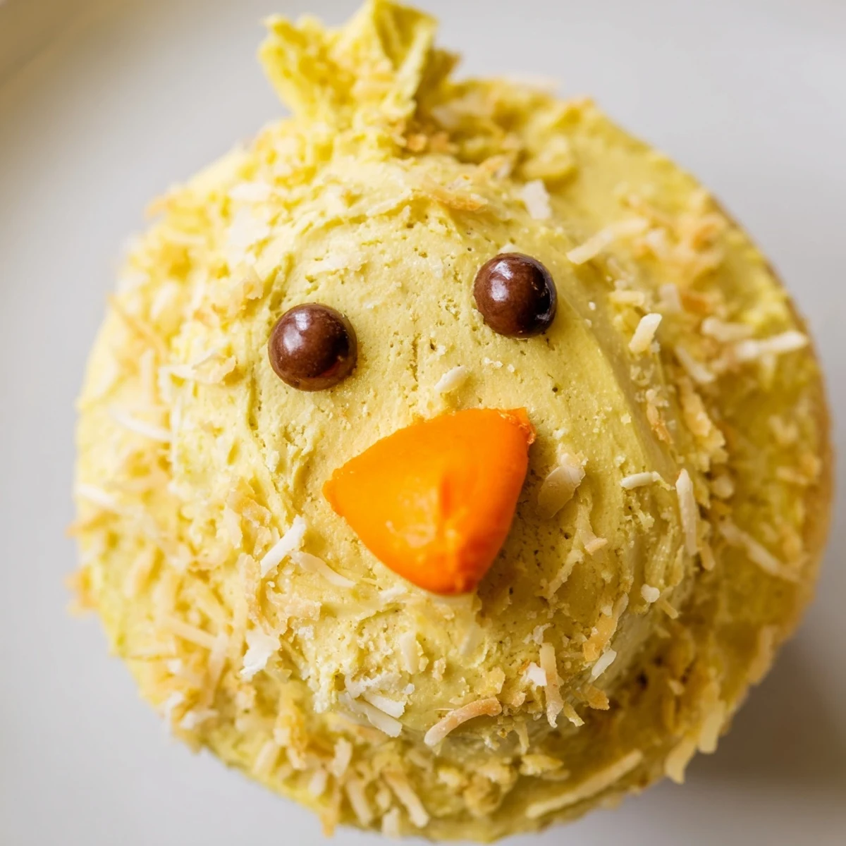 Adorable Easter Chick Cupcakes with fluffy yellow frosting and candy faces on display