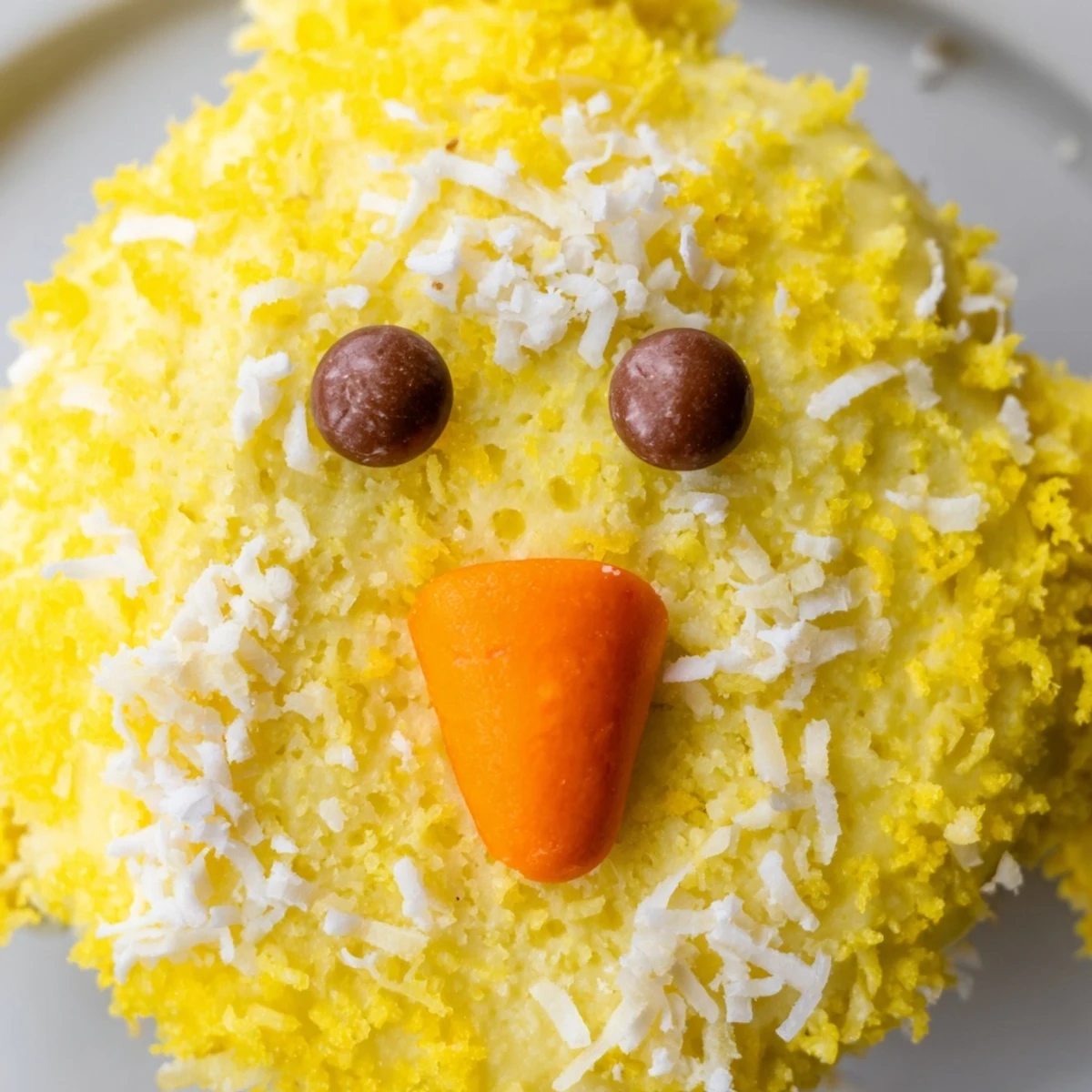 Bright yellow Easter Chick Cupcakes decorated with chocolate chip eyes and orange beaks