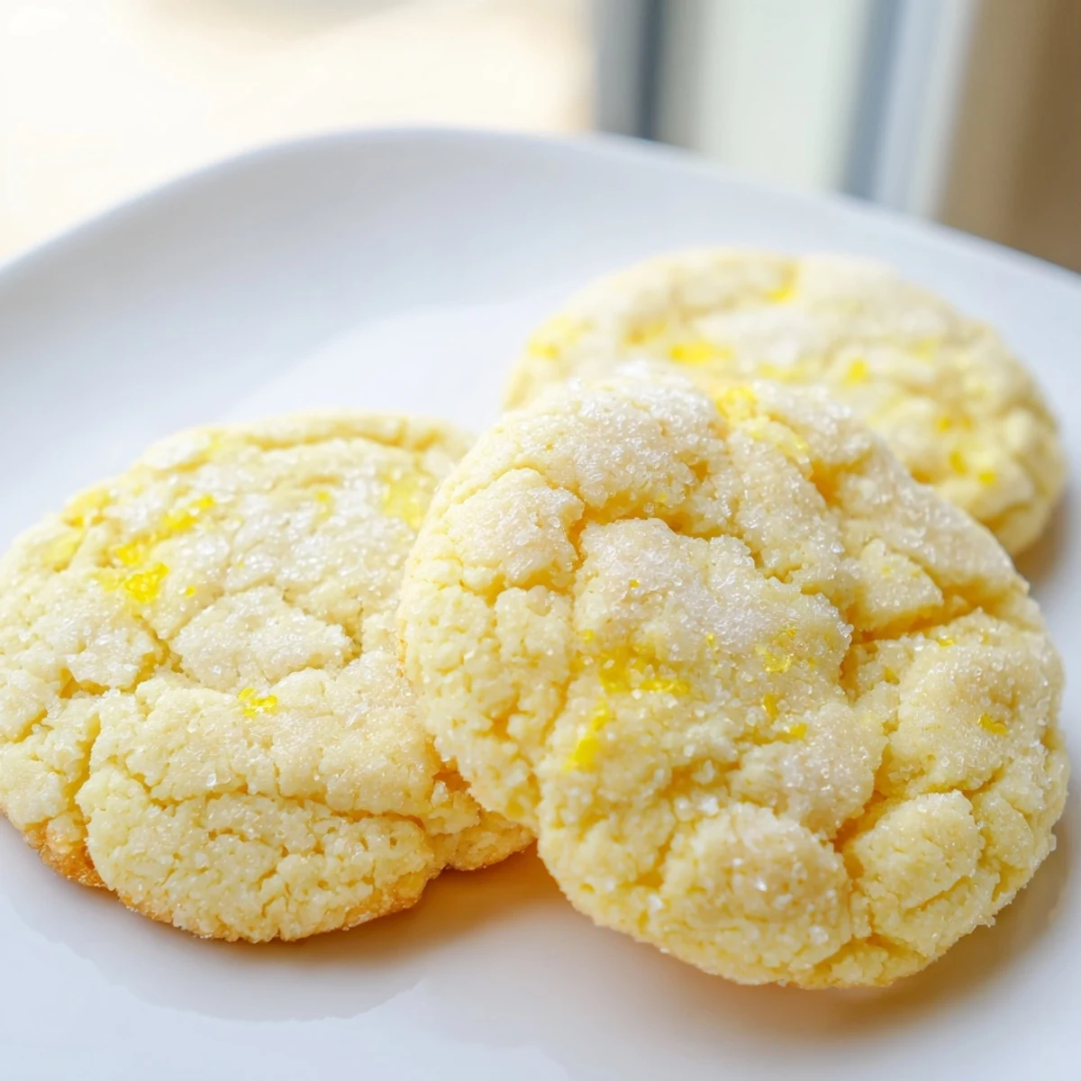 Chewy lemon sugar cookies arranged on a white plate with citrus zest garnish