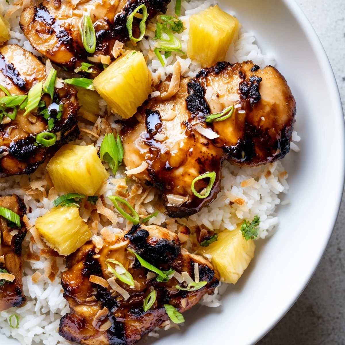 Golden caramelized Hawaiian Chicken Coconut Rice topped with fresh pineapple cubes and green onions