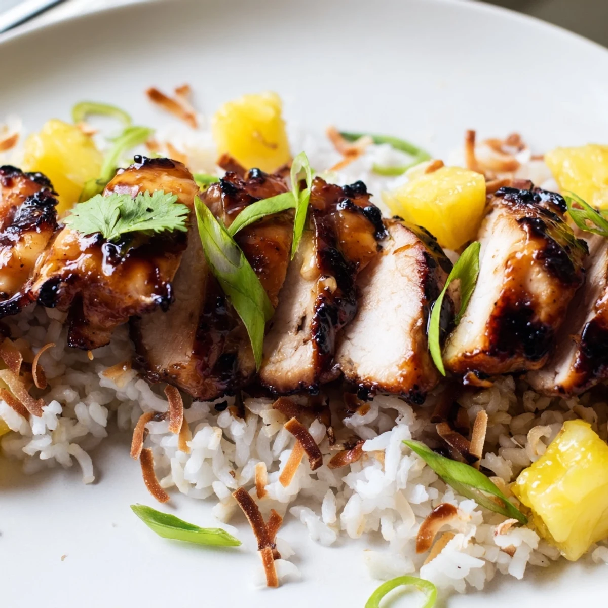 Creamy coconut rice served under glazed Hawaiian Chicken with tropical pineapple garnish