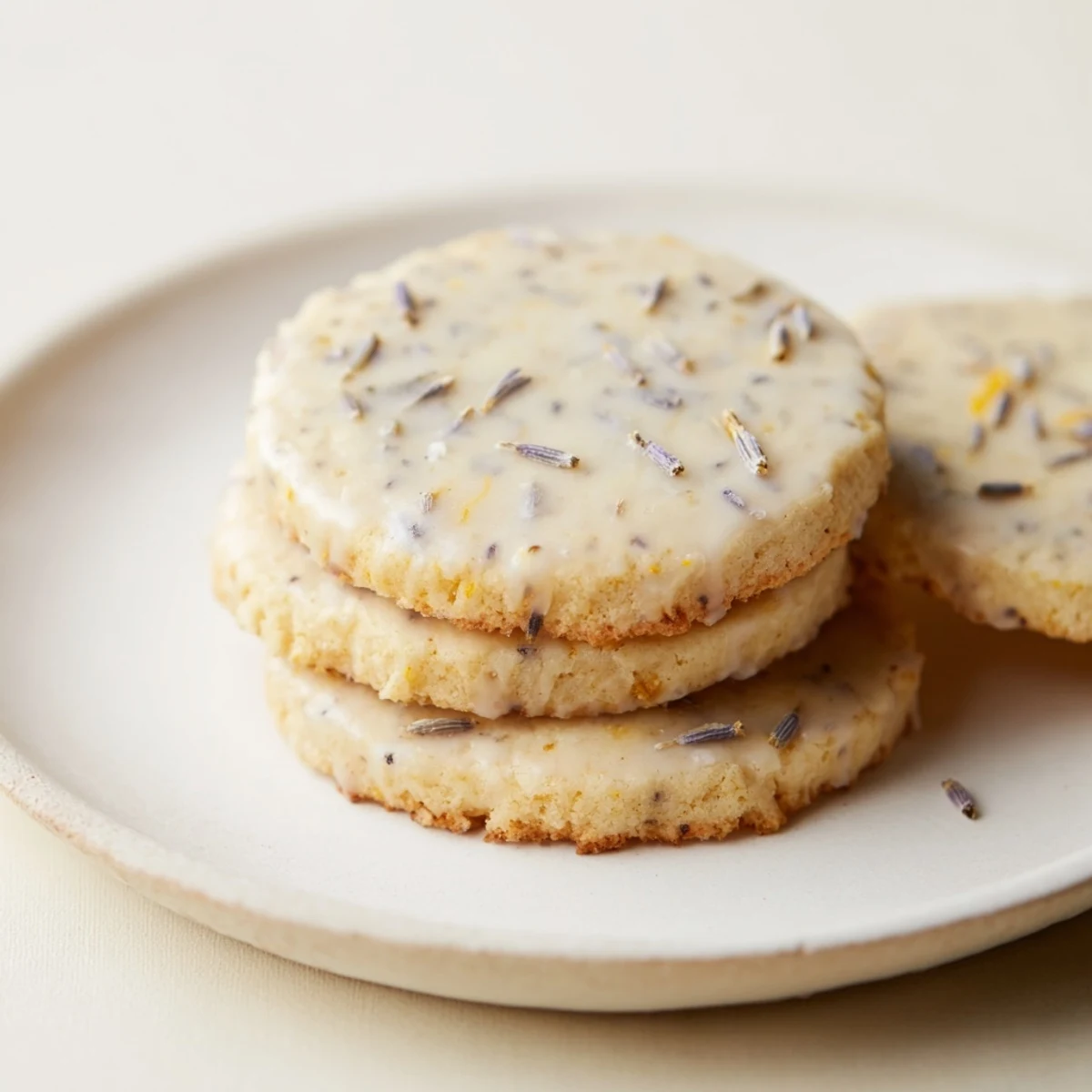 Soft lemon lavender cookies with golden edges arranged on a rustic white ceramic plate