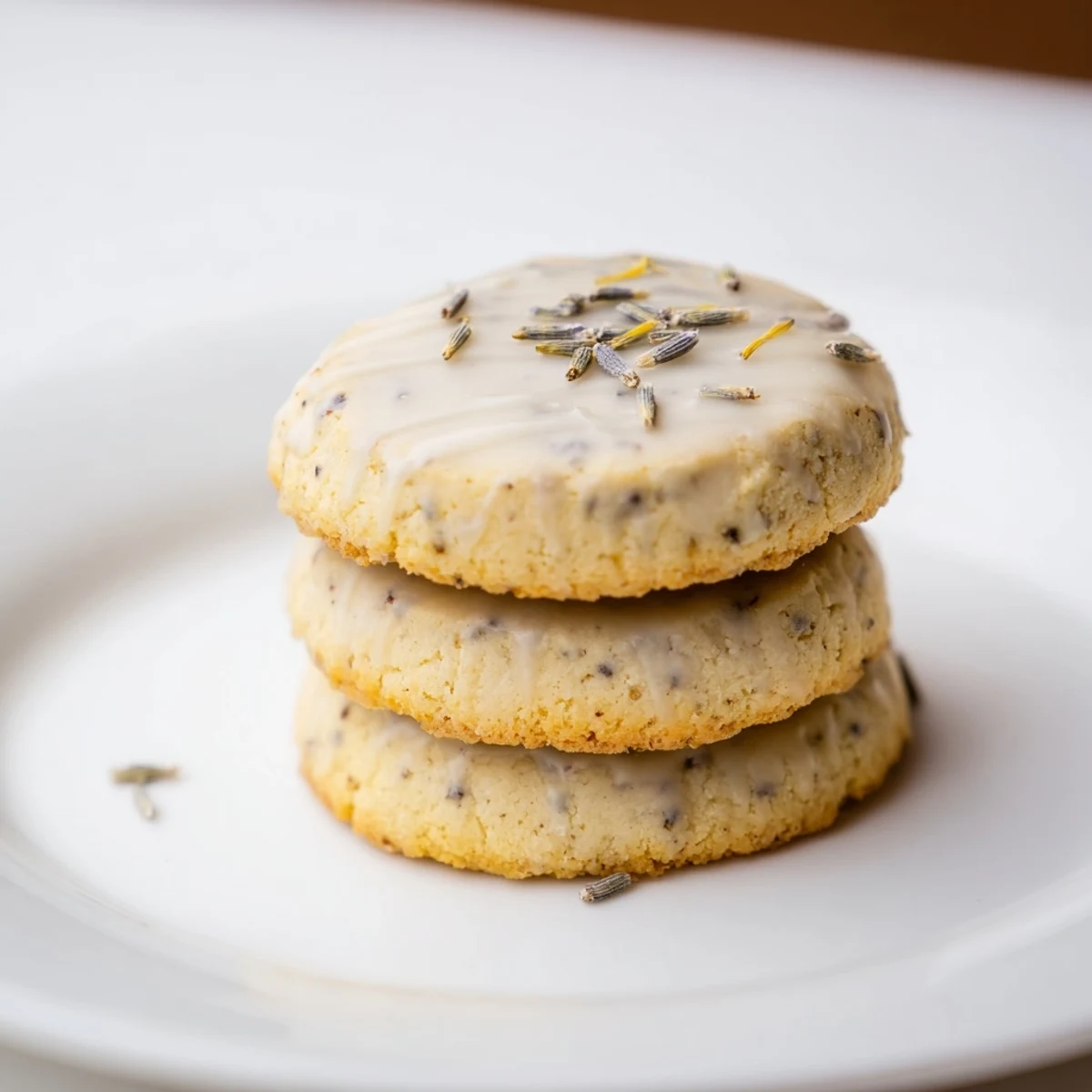 Chewy lemon lavender cookies topped with sweet citrus glaze and visible lavender flecks