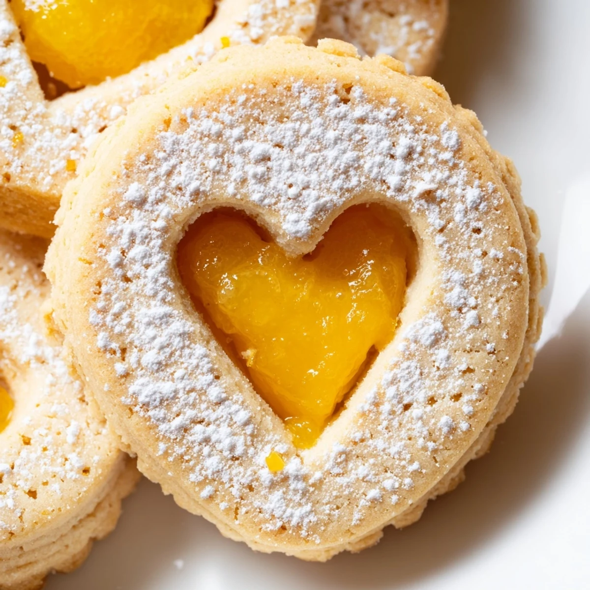 Delicate Meyer Lemon Curd Linzer Cookies with heart-shaped cutouts dusted in snowy powdered sugar