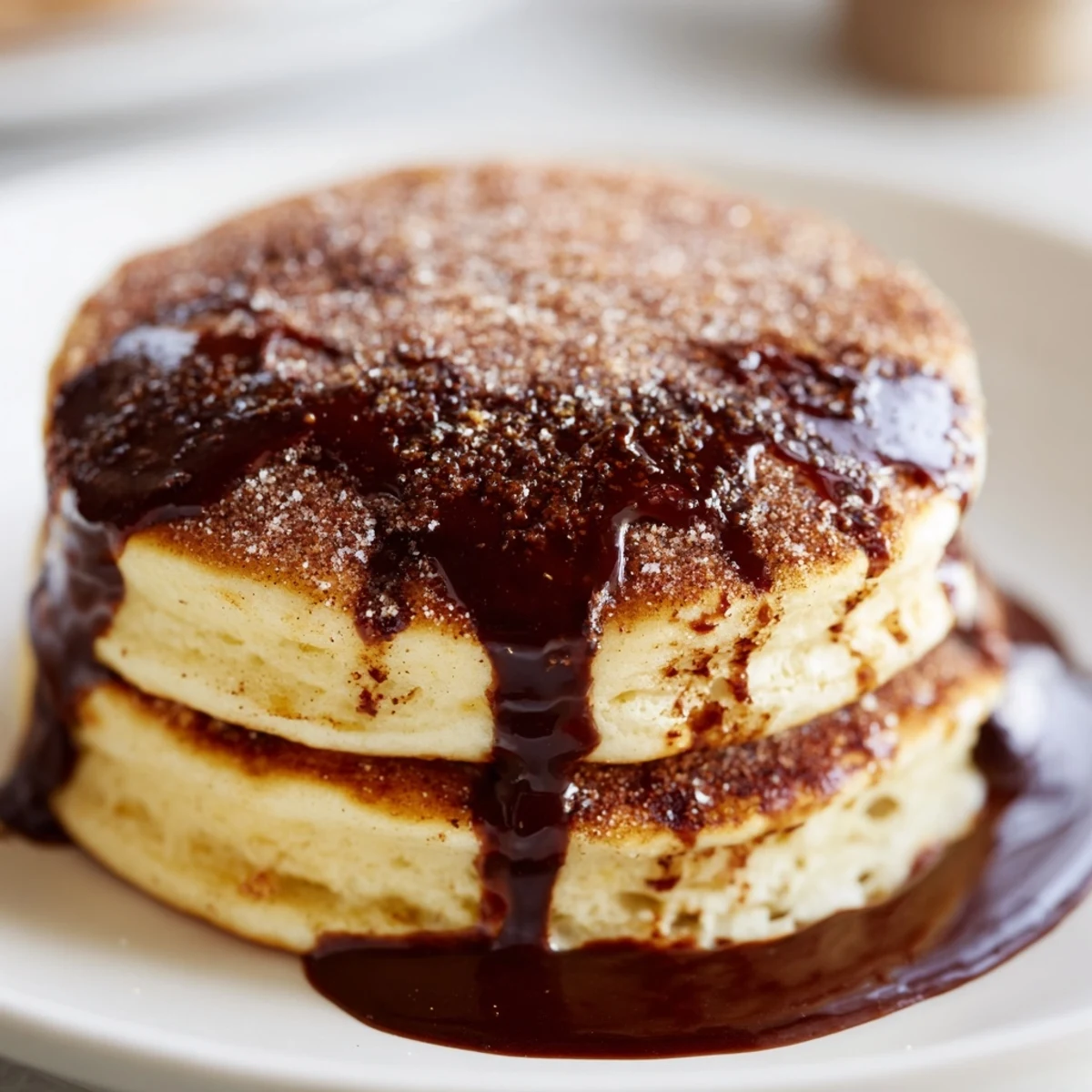 Fluffy Spanish Churro Pancakes stacked high and dusted with golden cinnamon sugar coating