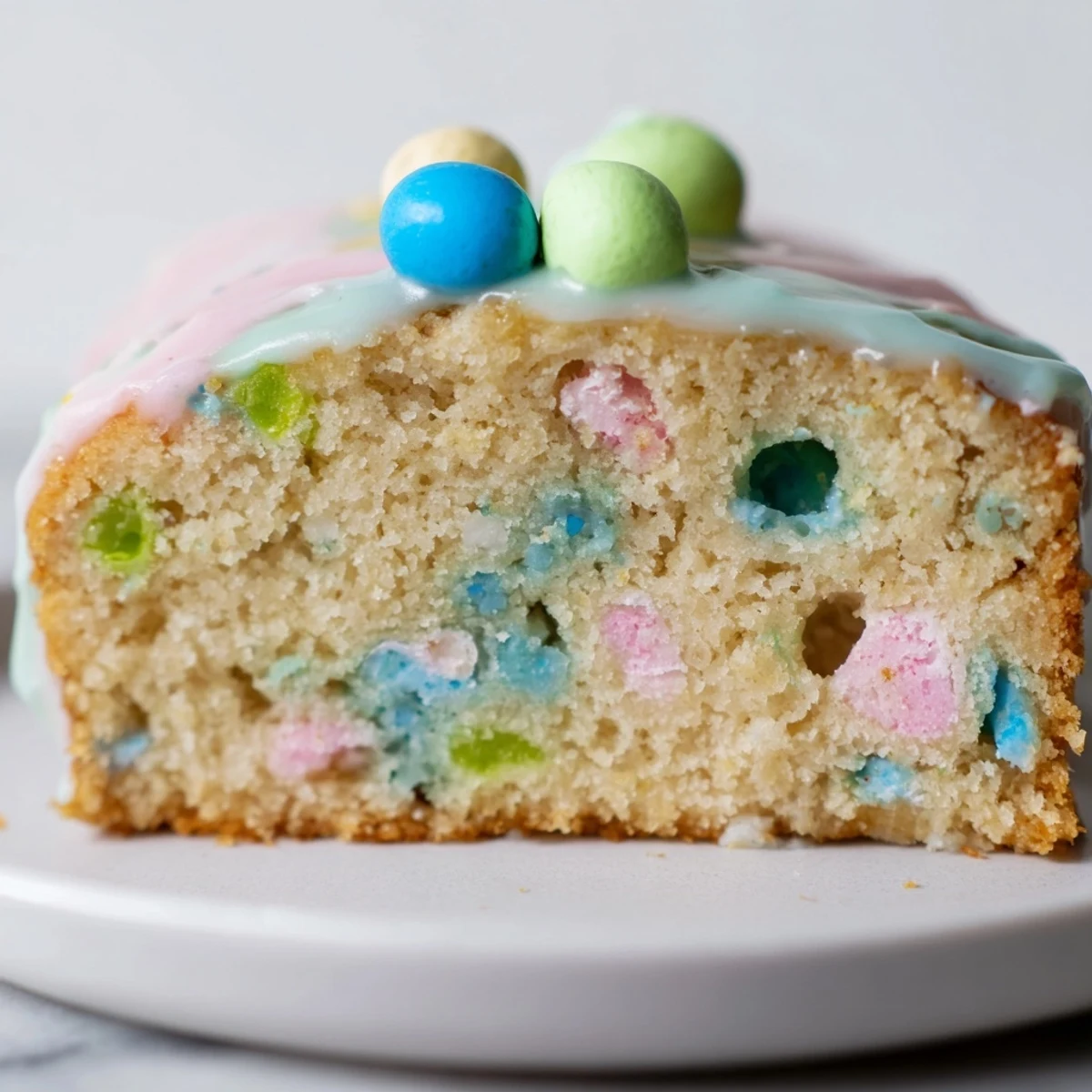 Soft Robin Egg Snack Cake sliced into squares with pastel glaze and candy topping