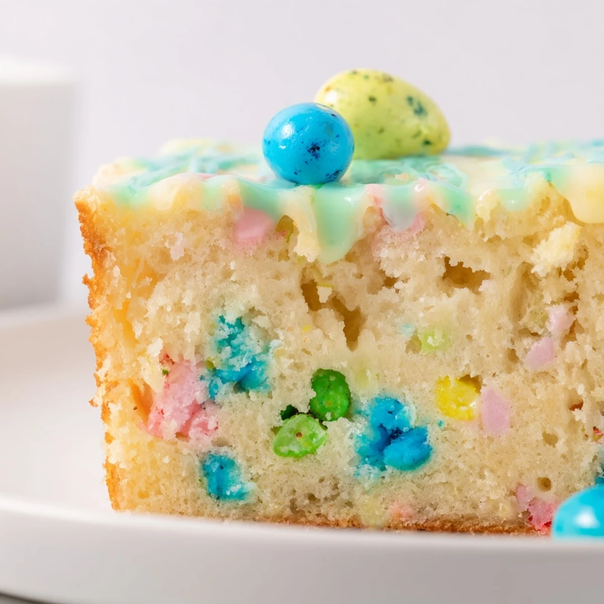 Tender Robin Egg Snack Cake featuring speckled malted candies and swirled icing drizzle