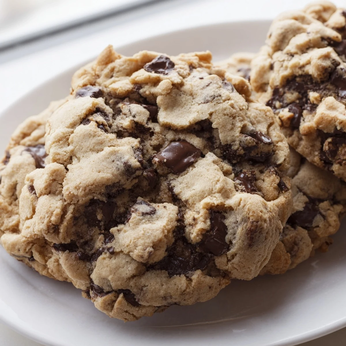 Soft nut free chocolate chip cookies with golden edges on a white cooling rack