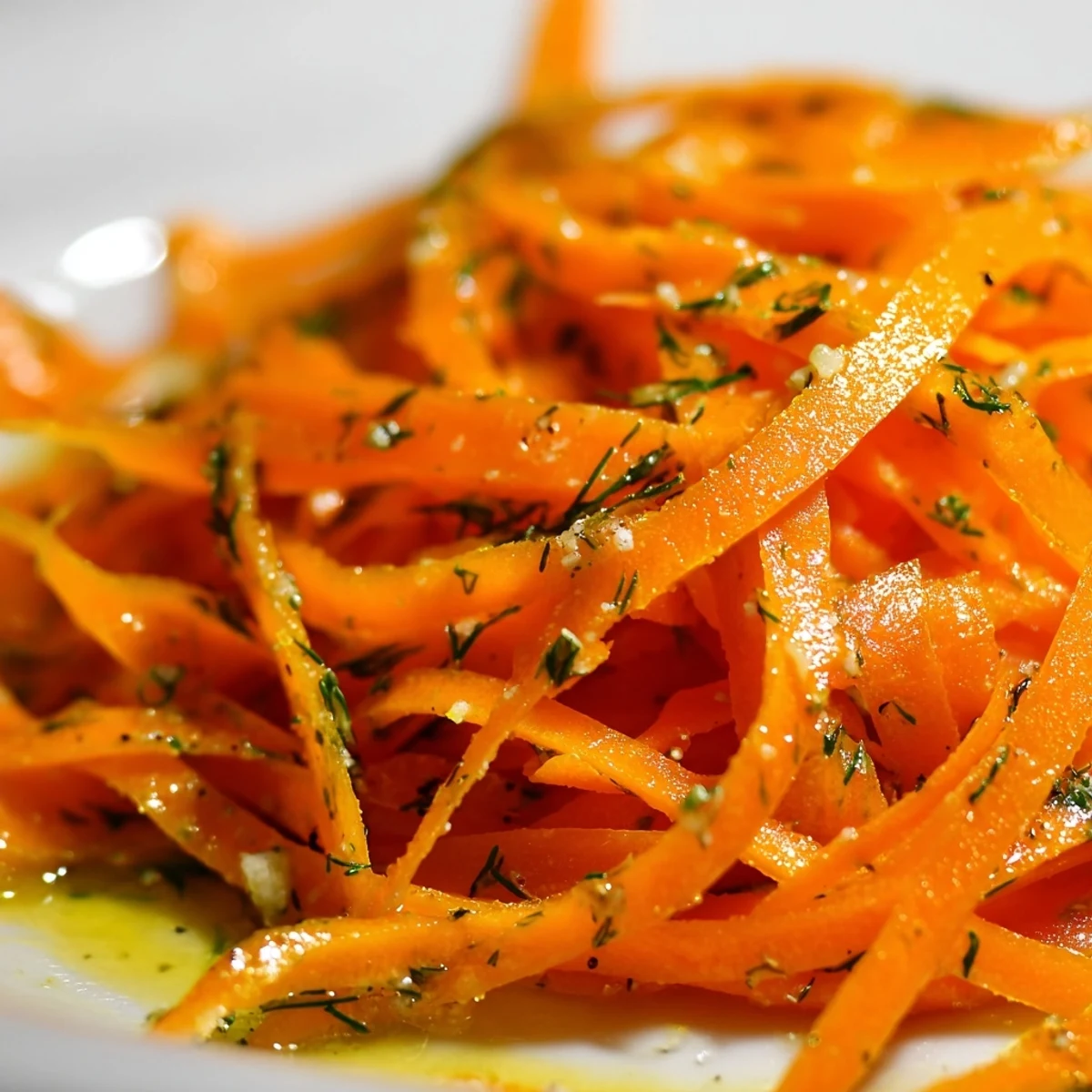 Marinated Lemon Dill Carrot Salad glistening with citrus dressing in a white serving bowl
