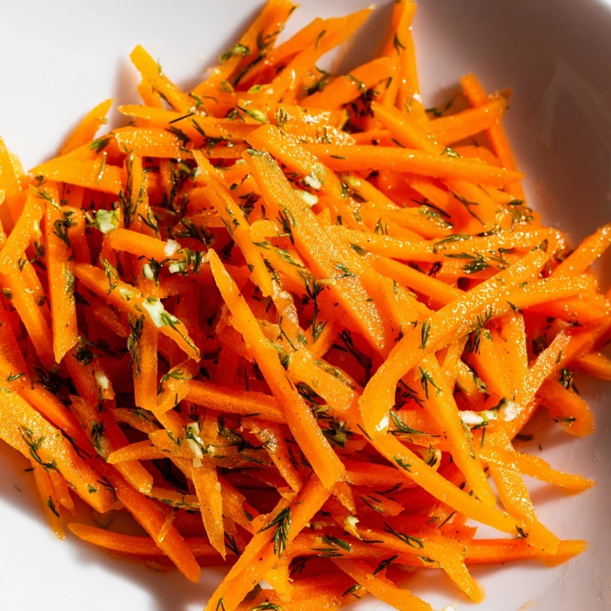 Crisp julienned carrots tossed in zesty Marinated Lemon Dill Carrot Salad with fresh herbs