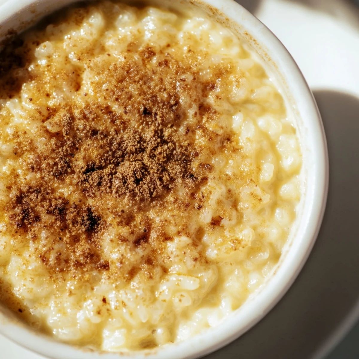 Creamy Portuguese rice custard topped with golden cinnamon sugar in white ramekins