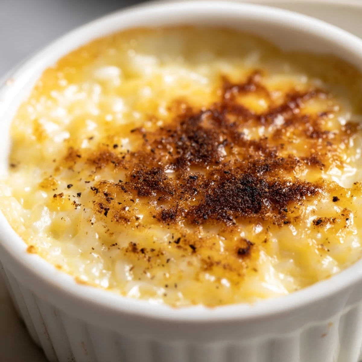 Silky Portuguese rice custard with a speckled cinnamon crust ready to serve