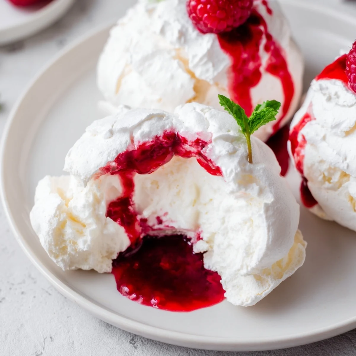 Crisp Pavlova bombs filled with cream and drizzled with vibrant raspberry coulis