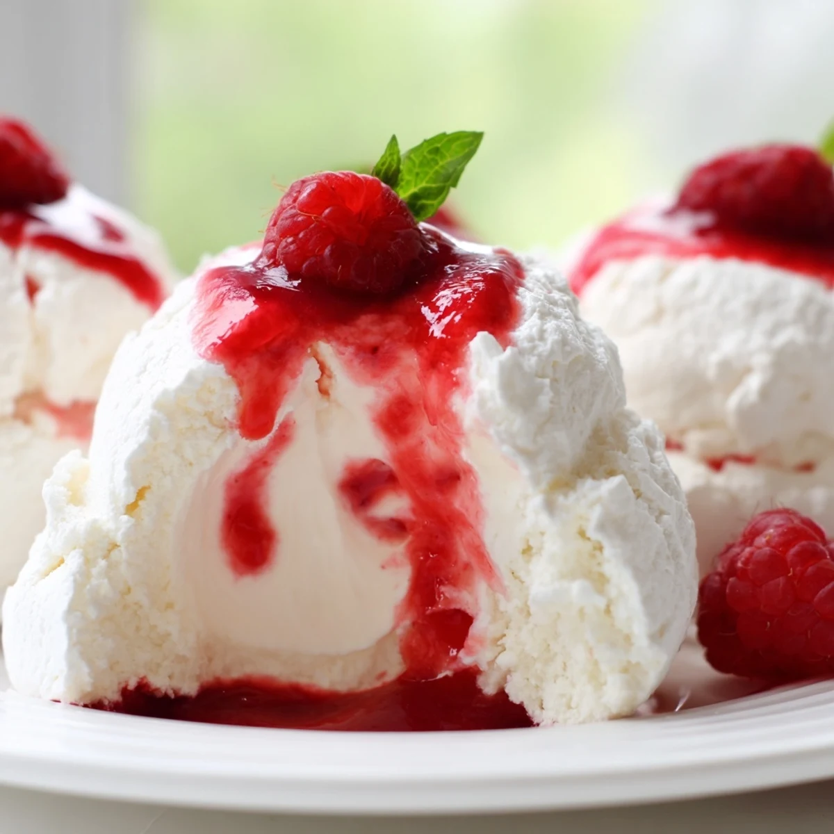 Bite-sized Pavlova bombs topped with fluffy whipped cream and tangy raspberry sauce