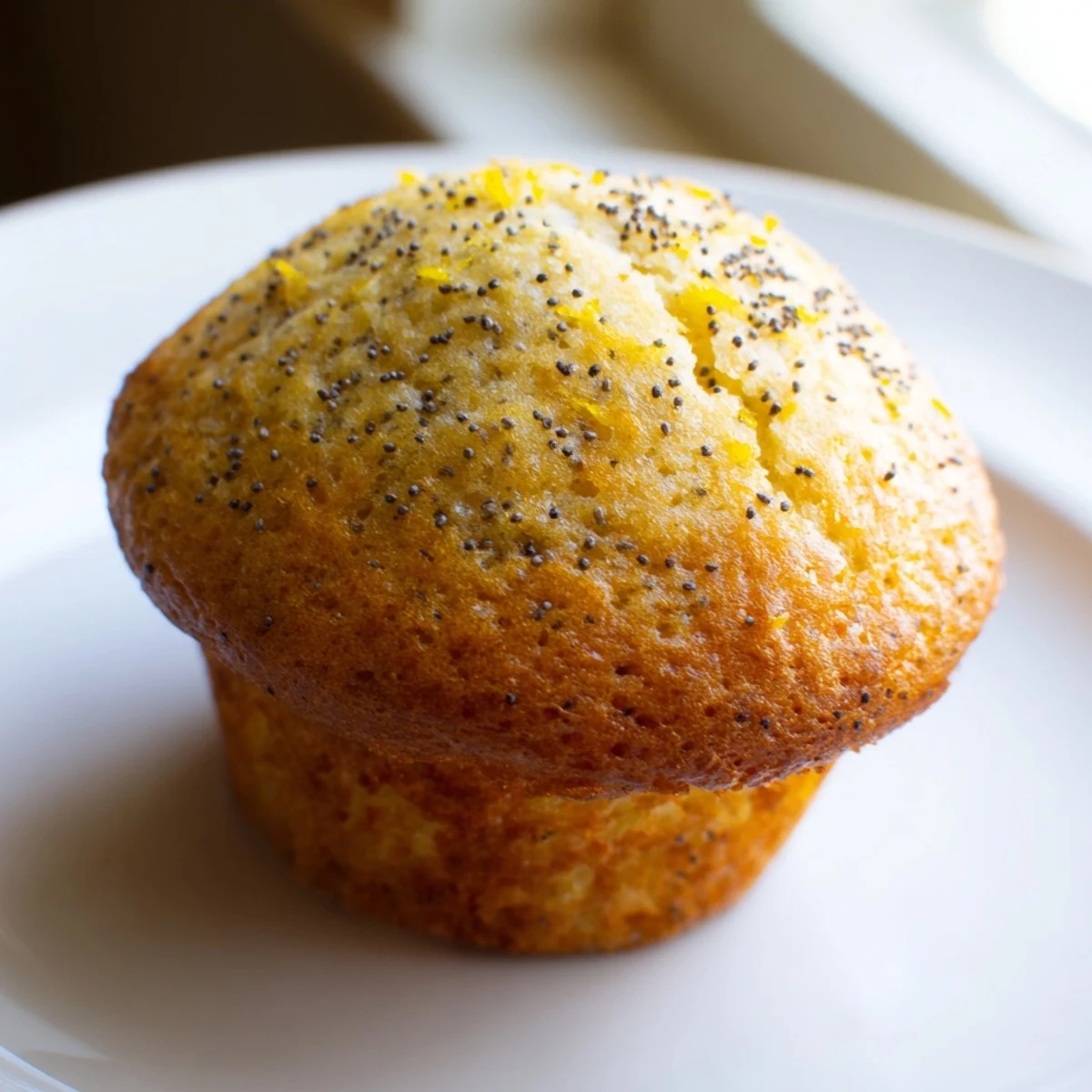 Moist lemon poppy seed muffins speckled with zest served warm on a rustic ceramic plate