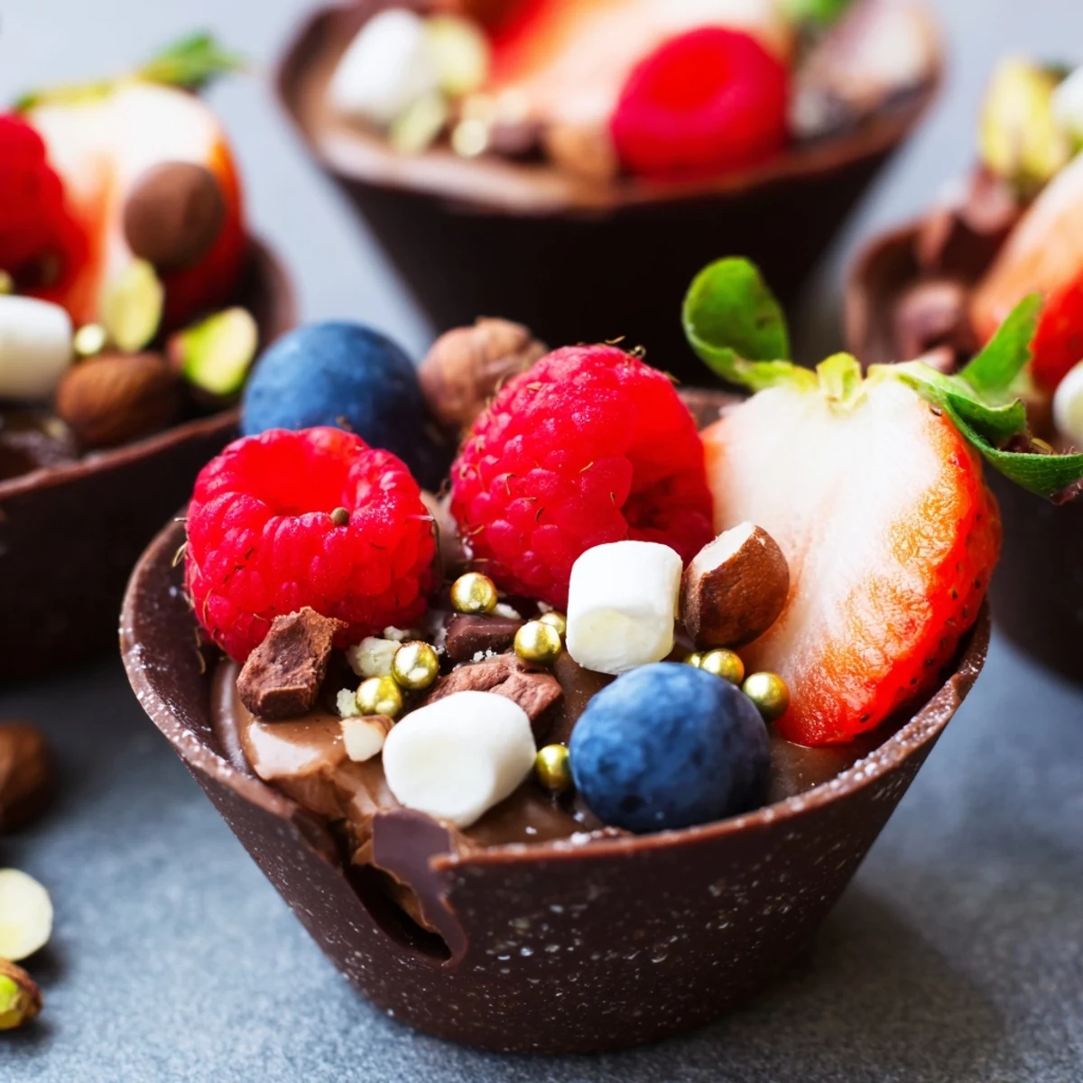 Chocolate grazing cups filled with creamy mousse and topped with fresh berries and nuts