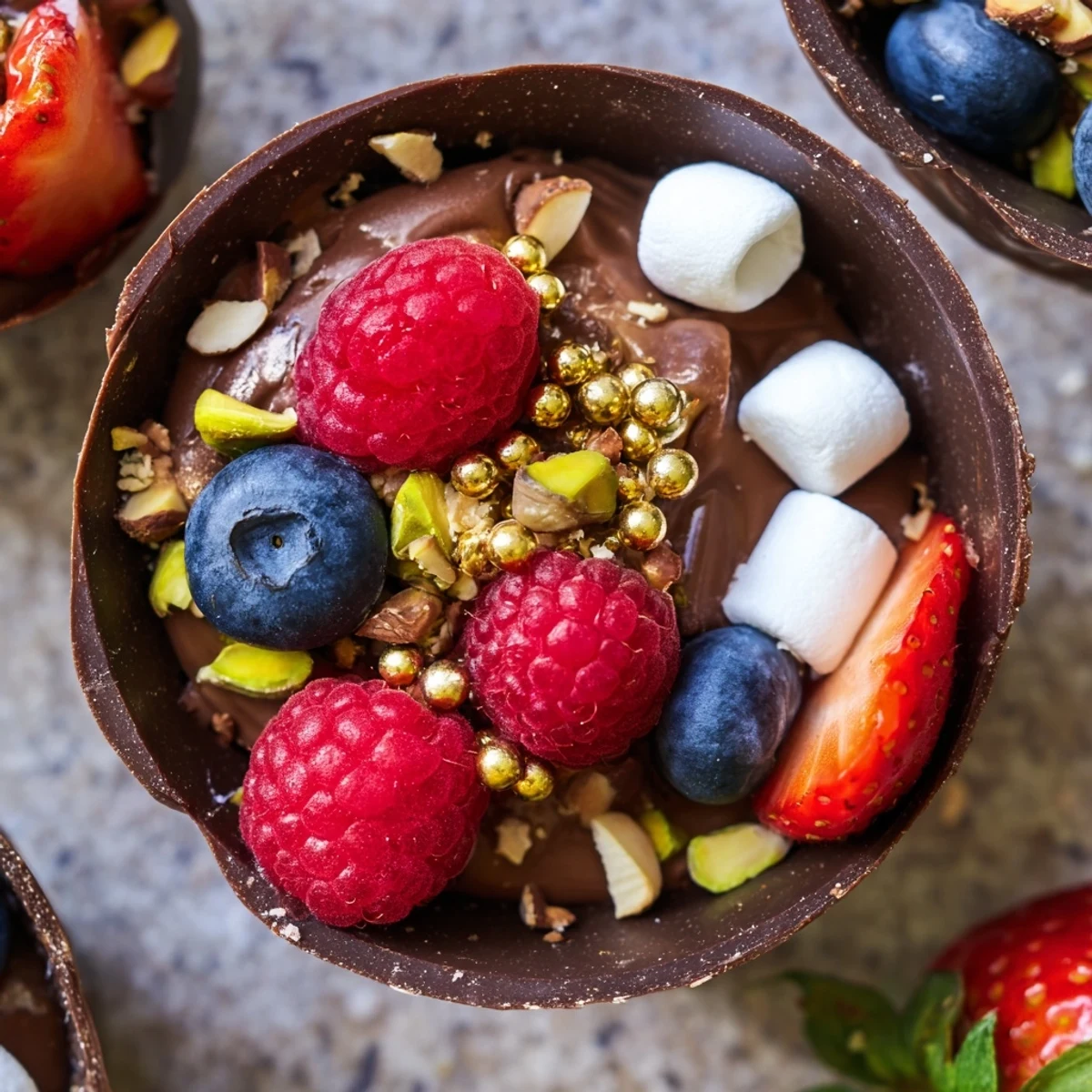 Elegant chocolate grazing cups with silky mousse, jewel-toned berries, and crunchy golden garnishes