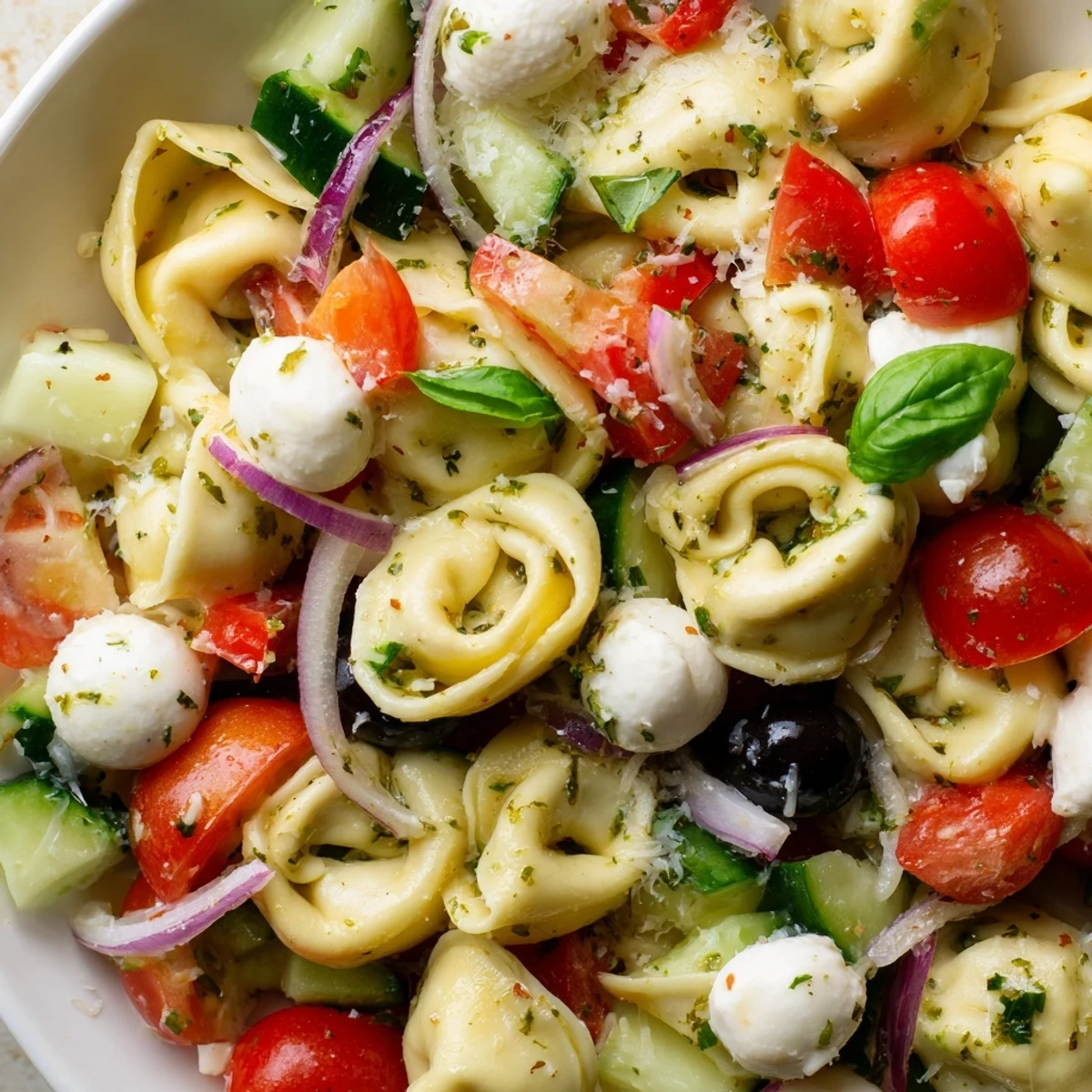 Cheese tortellini salad featuring ripe cherry tomatoes, crunchy cucumber, and fragrant fresh basil leaves