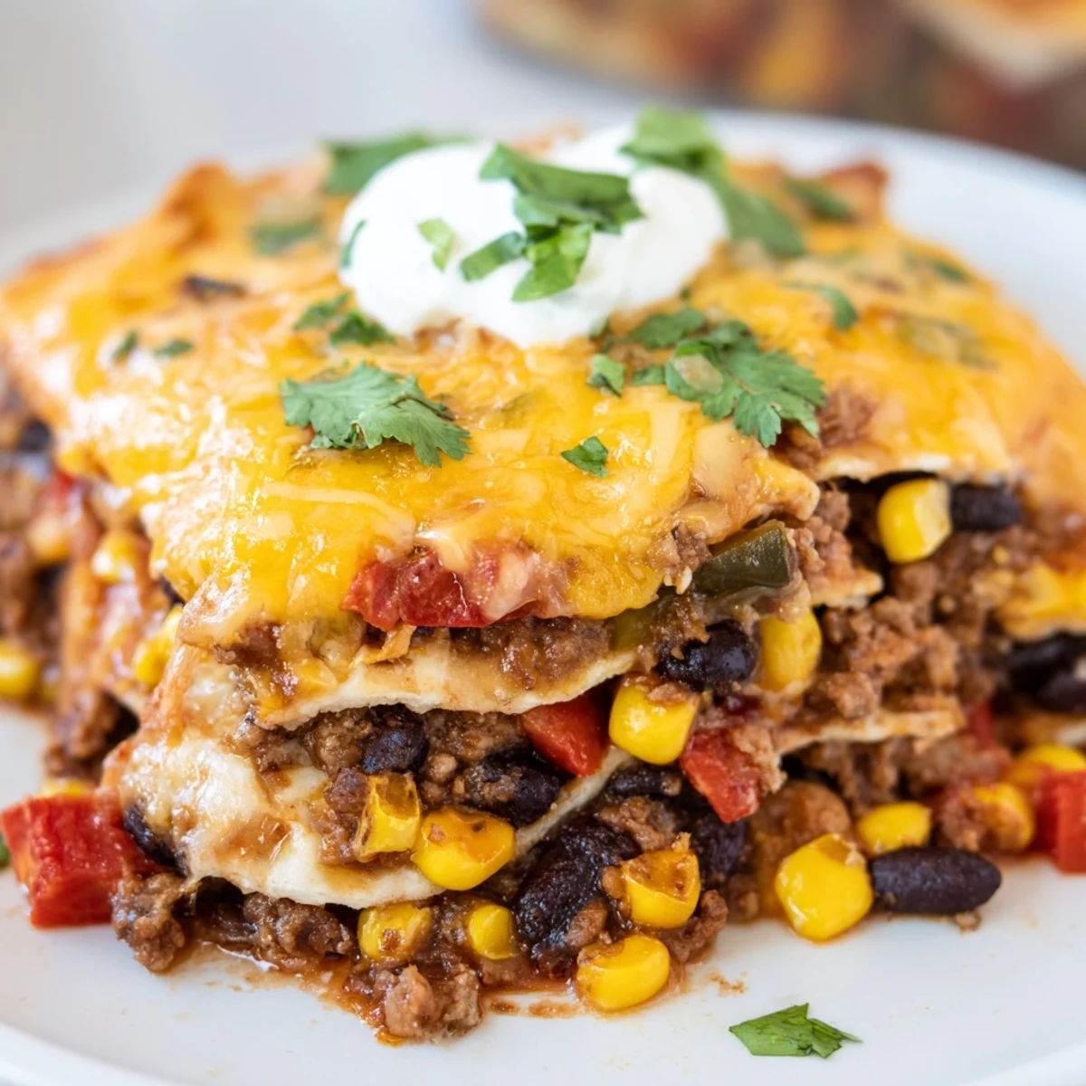 Golden bubbling Mexican lasagna with layers of seasoned beef, beans, and melted cheese