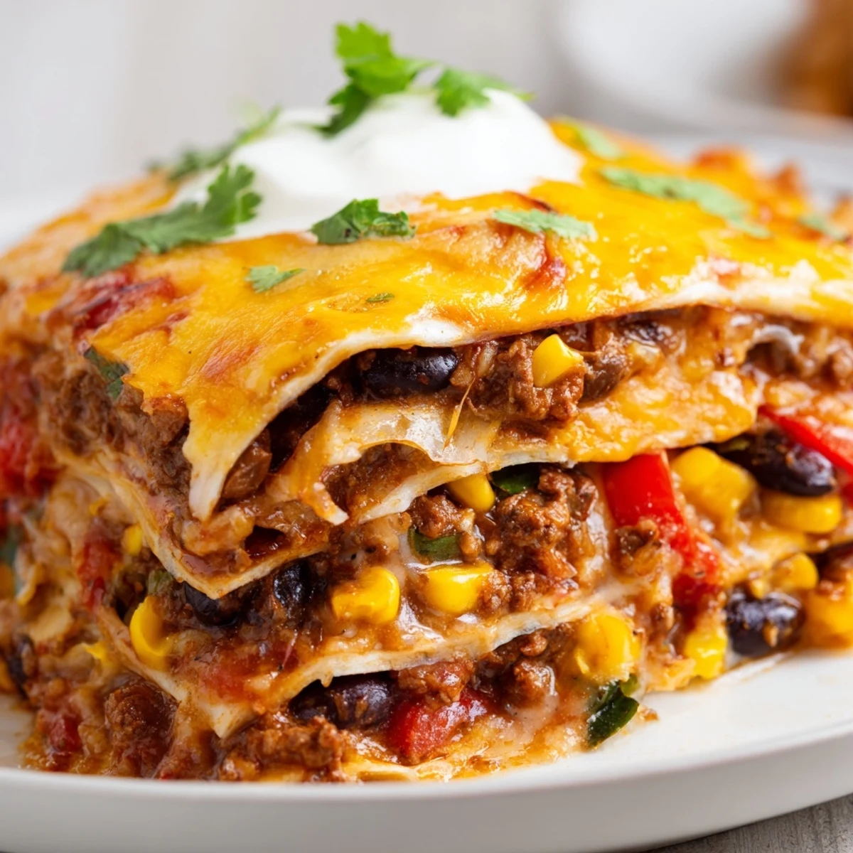 Mexican lasagna fresh from the oven showing gooey cheese and colorful beef filling