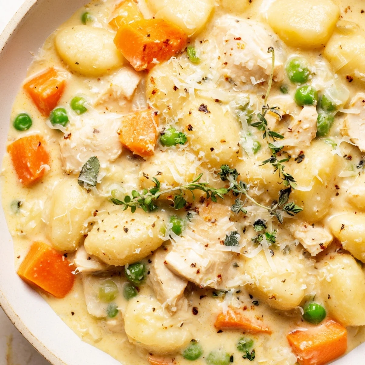 Creamy one pot gnocchi chicken pot pie in a cast iron skillet with tender vegetables