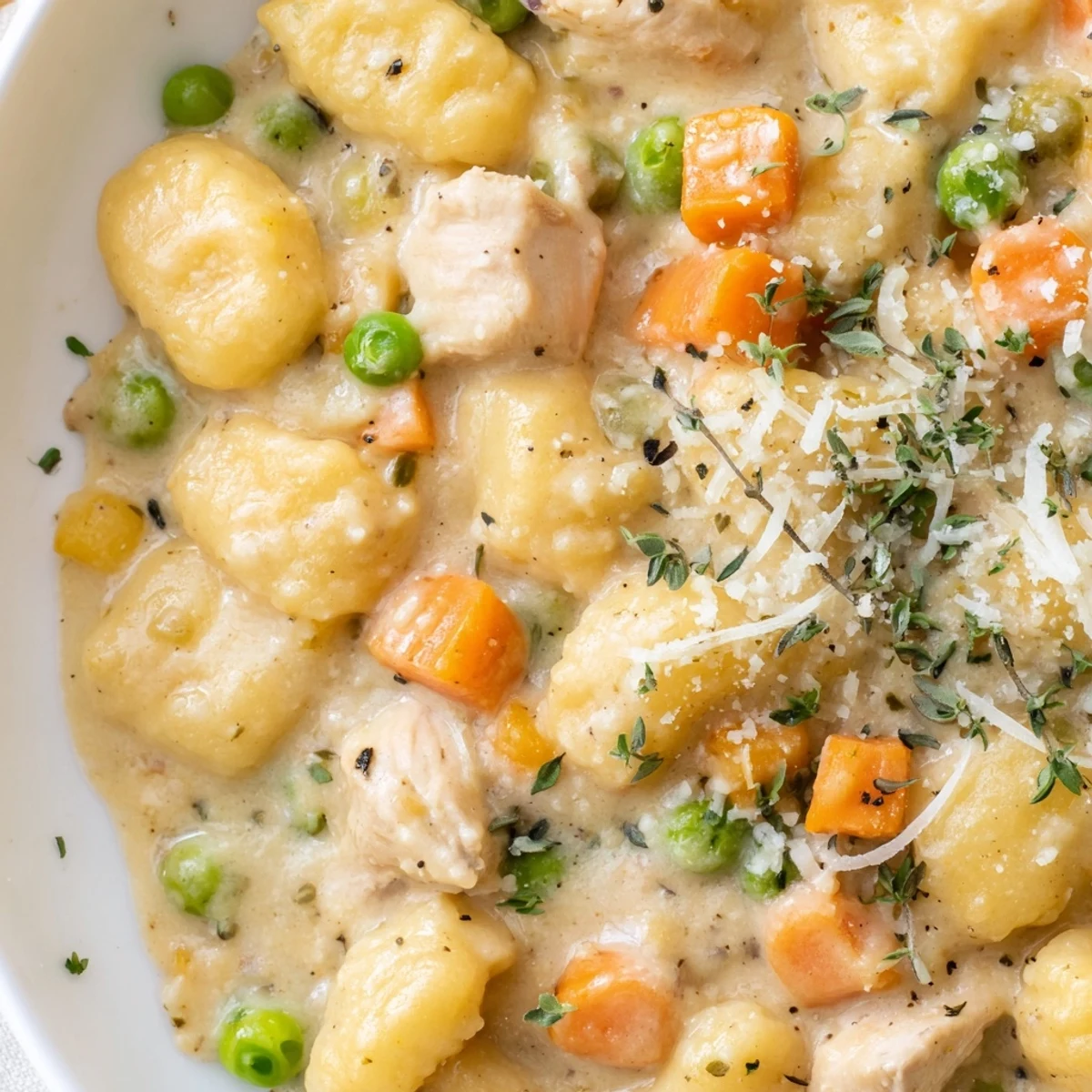 Golden one pot gnocchi chicken pot pie topped with fresh parsley garnish