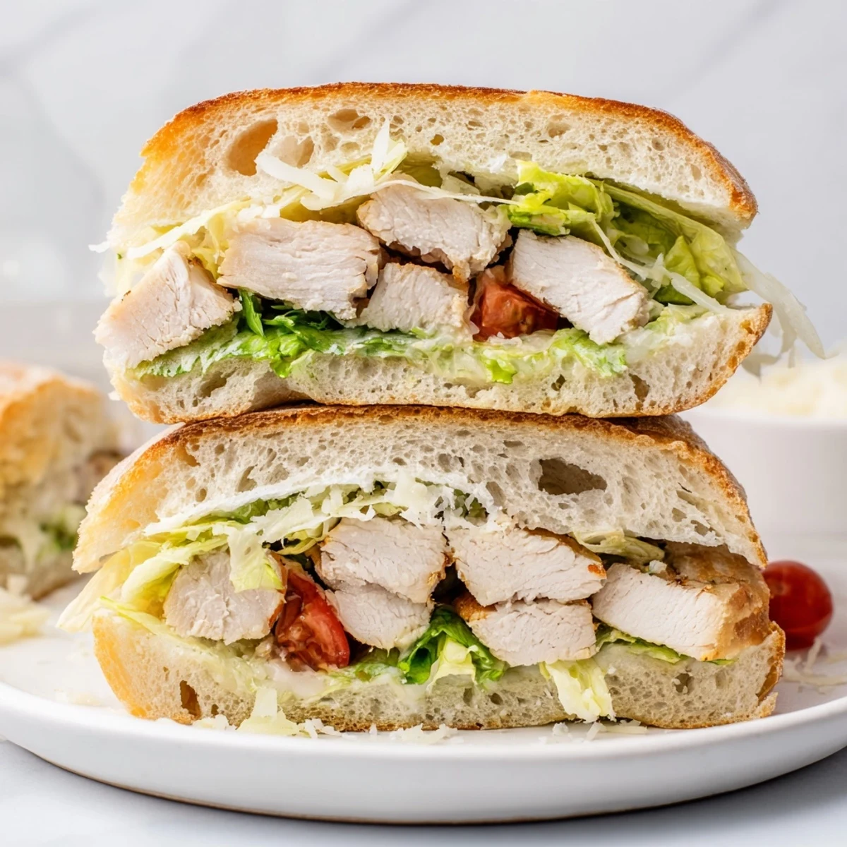Golden toasted chicken Caesar sandwich with crisp romaine and shaved Parmesan on ciabatta