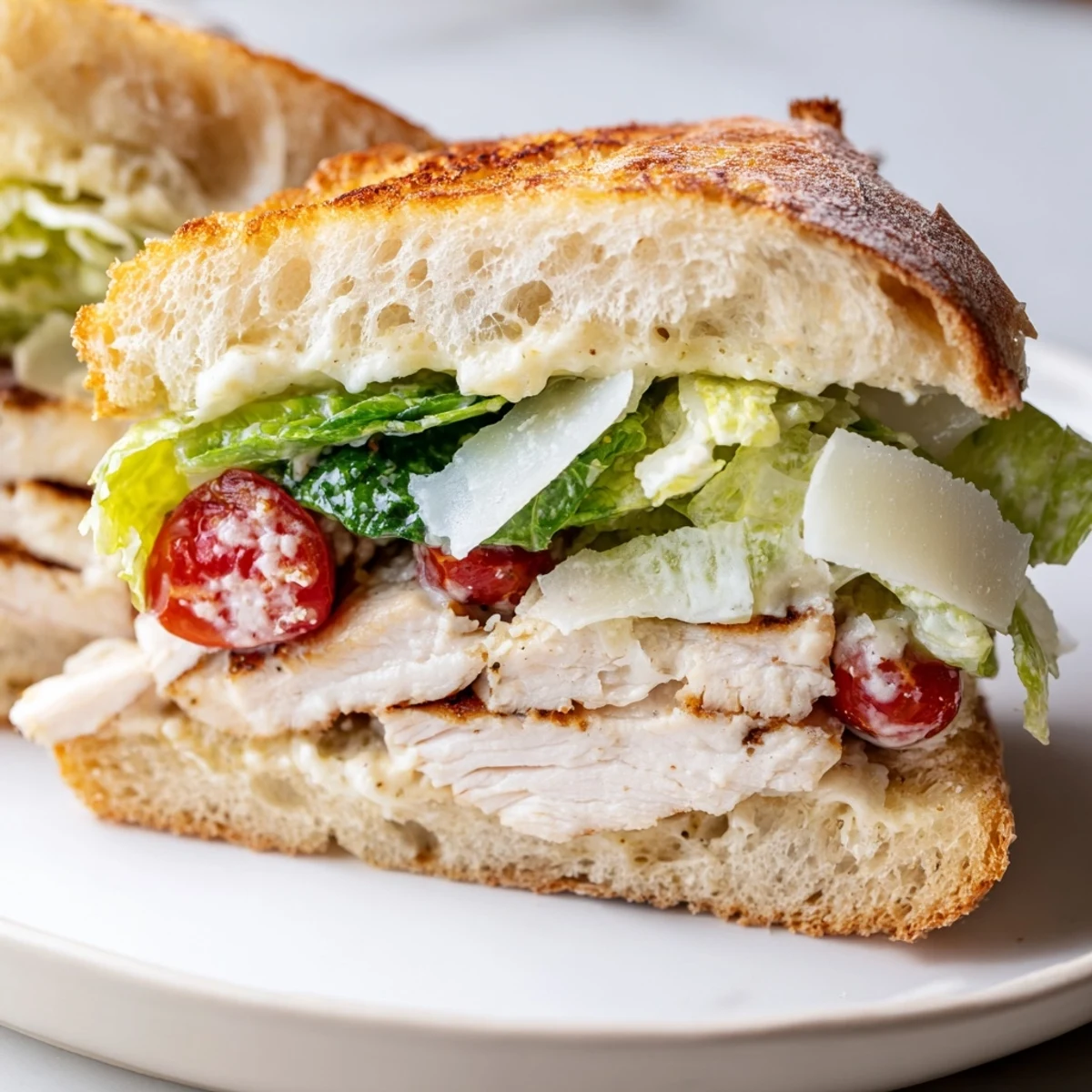 Juicy grilled chicken Caesar sandwich layered with creamy dressing and fresh crunchy lettuce