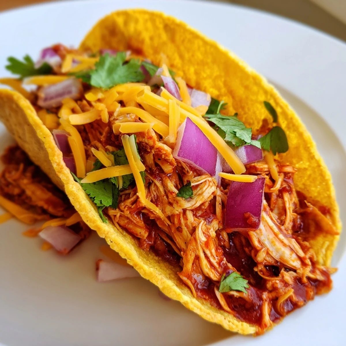 Juicy slow cooker shredded chicken tacos piled high with fresh lettuce and melted cheese