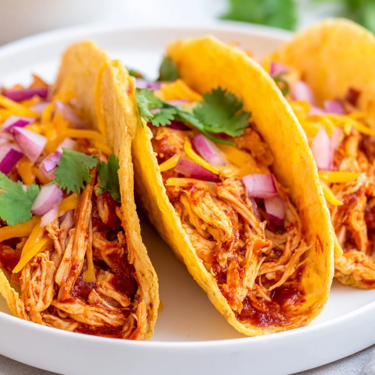 Tender slow cooker shredded chicken tacos served in crispy shells with creamy avocado slices