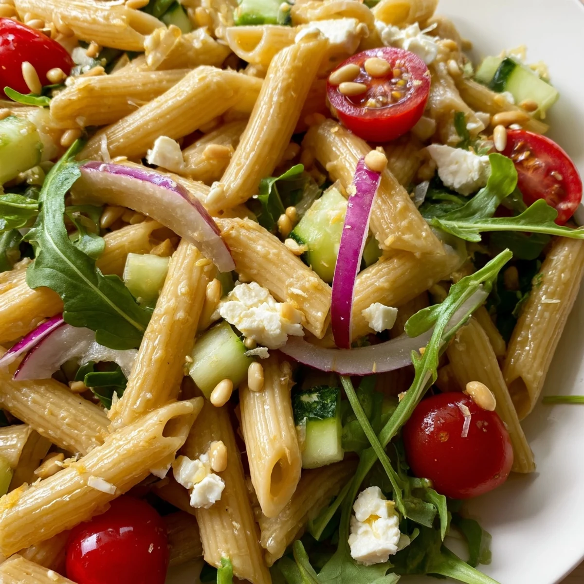 Bright lemon arugula pasta salad tossed with cherry tomatoes and cucumber in zesty dressing