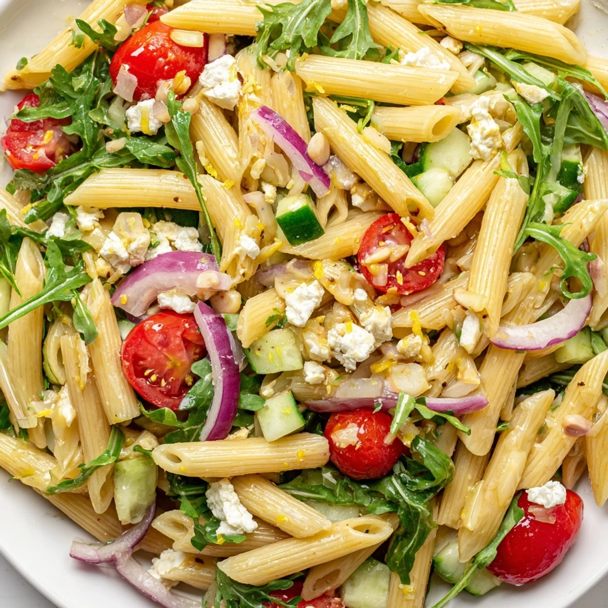 Peppery arugula and short pasta combined with fresh vegetables in tangy lemon vinaigrette