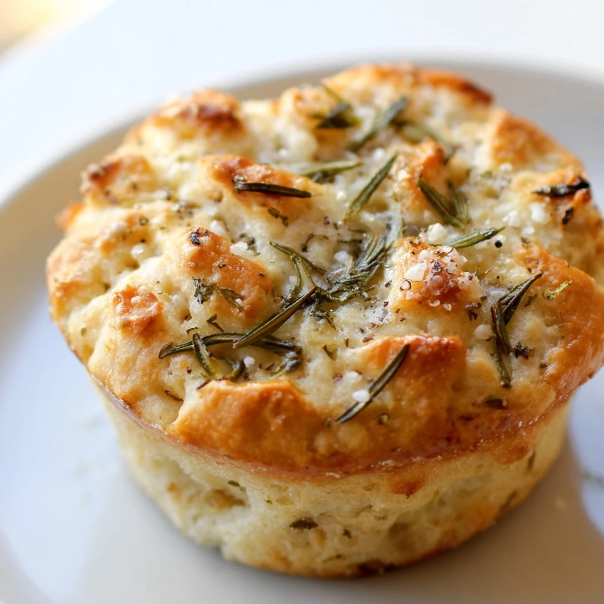 Golden garlic rosemary focaccia muffins topped with fresh herbs and flaky sea salt