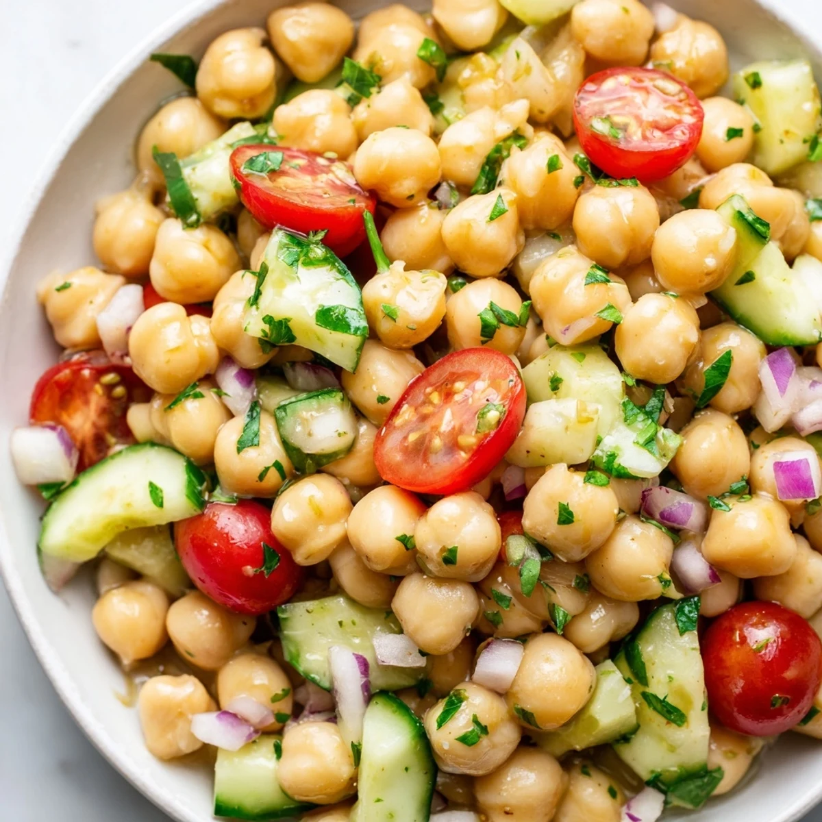 Chickpea cucumber salad in a white bowl with fresh herbs and lemon dressing